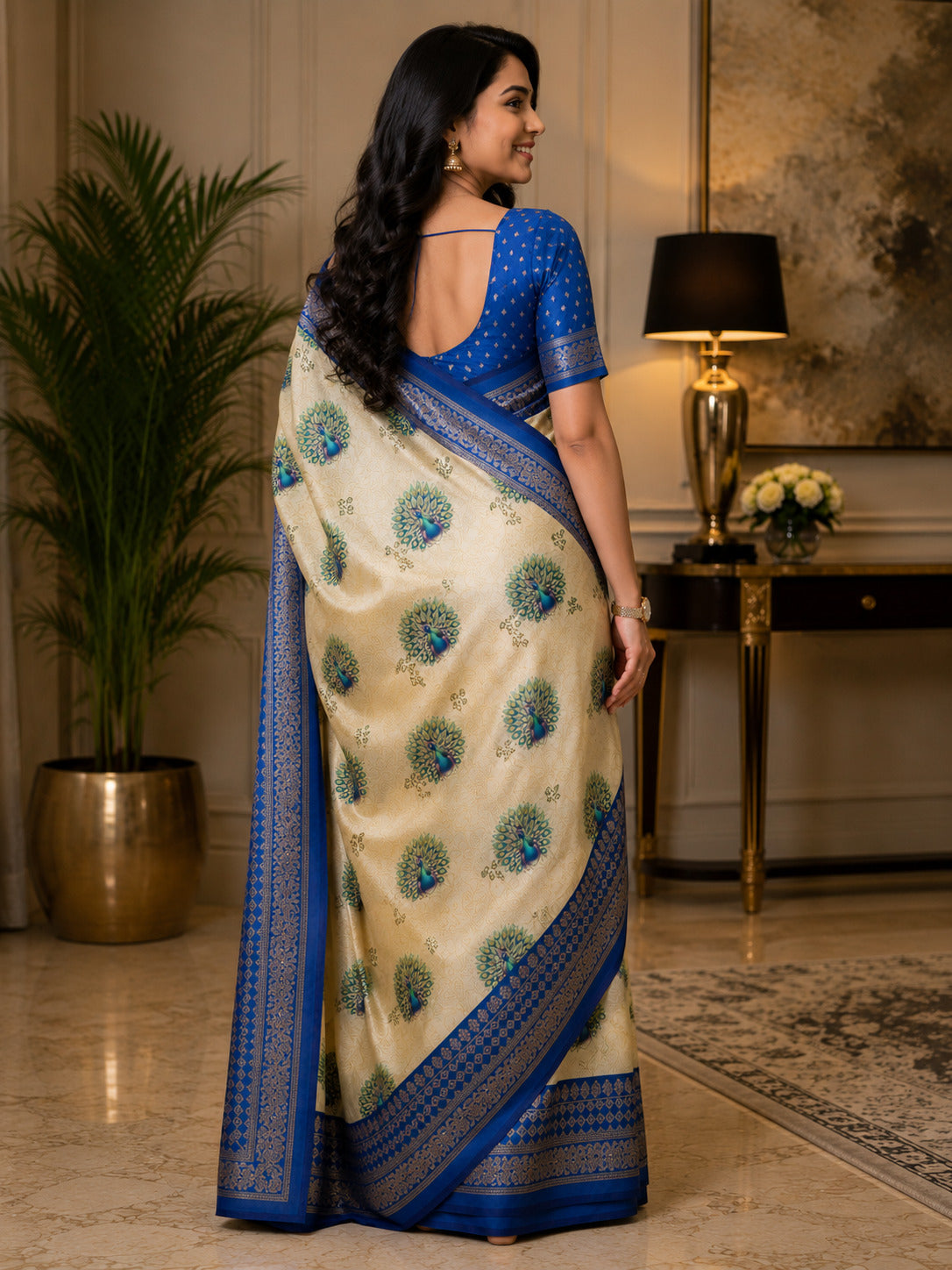 Dwija Fashion Off - White Party Wear Printed Linen Ready To Wear Saree With Unstitched Blouse