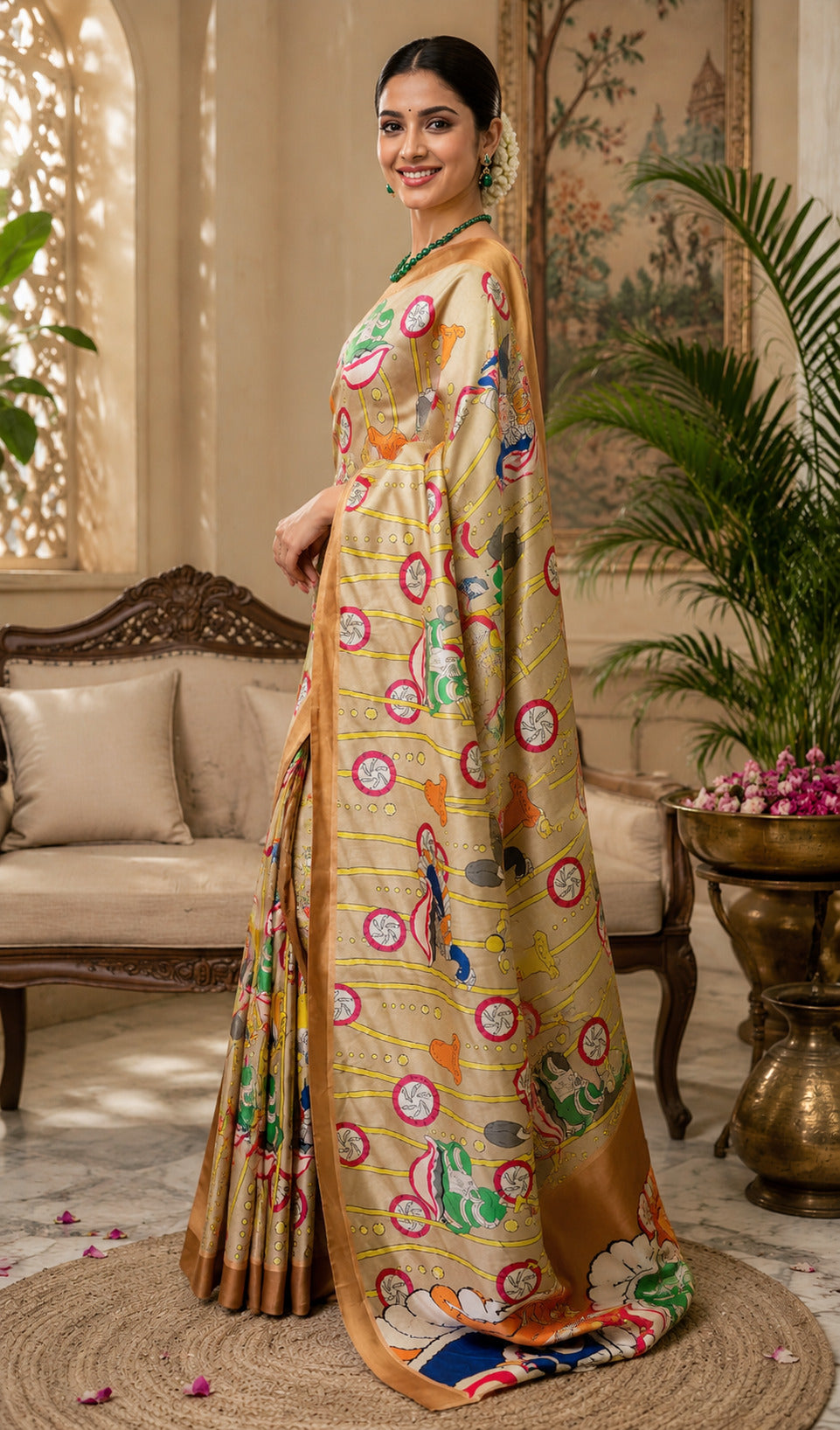 Dwija Fashion Beige Party Wear Printed Linen Ready To Wear Saree With Unstitched Blouse