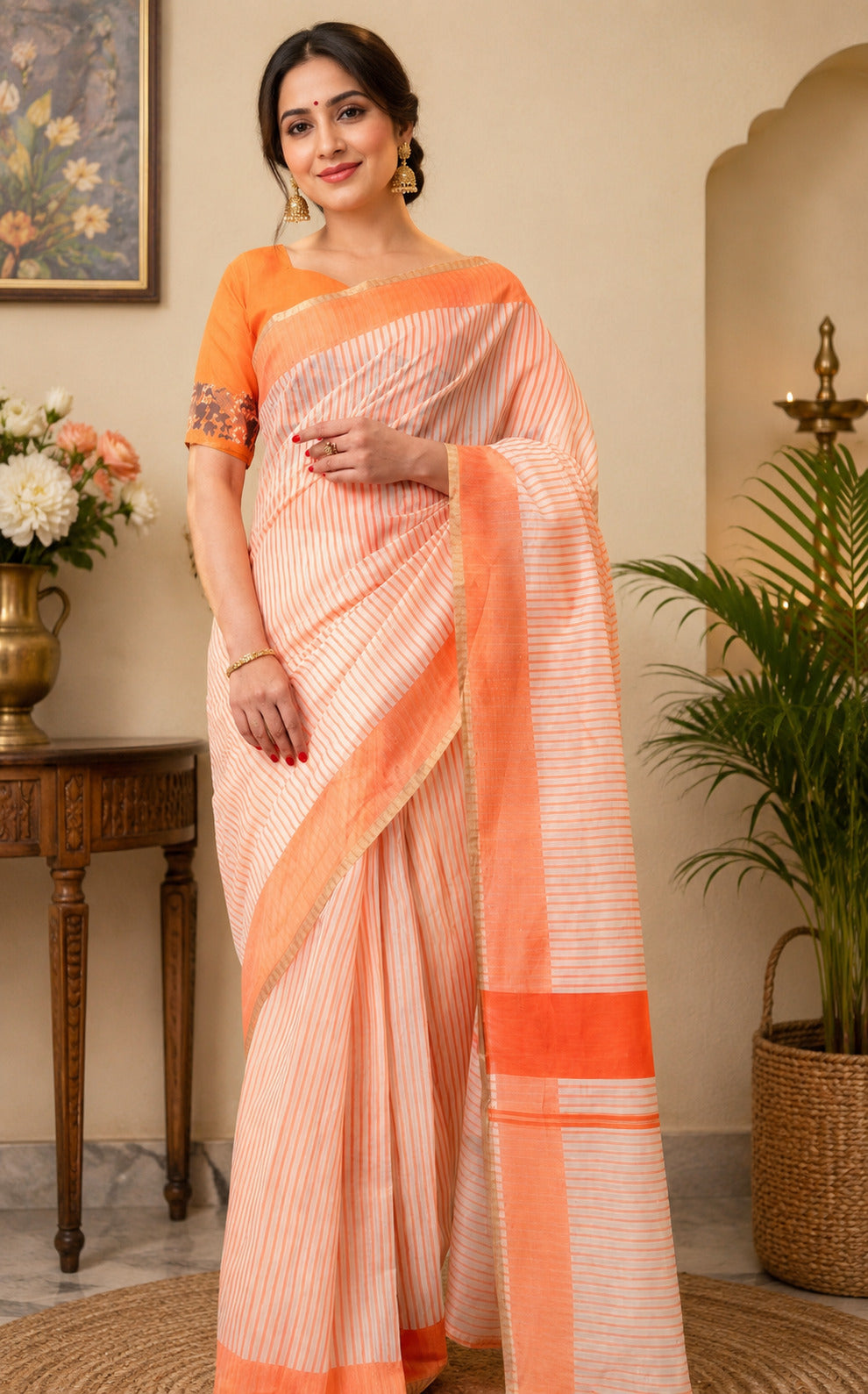 Dwija Fashion Orange Party Wear Printed Linen Ready To Wear Saree With Unstitched Blouse