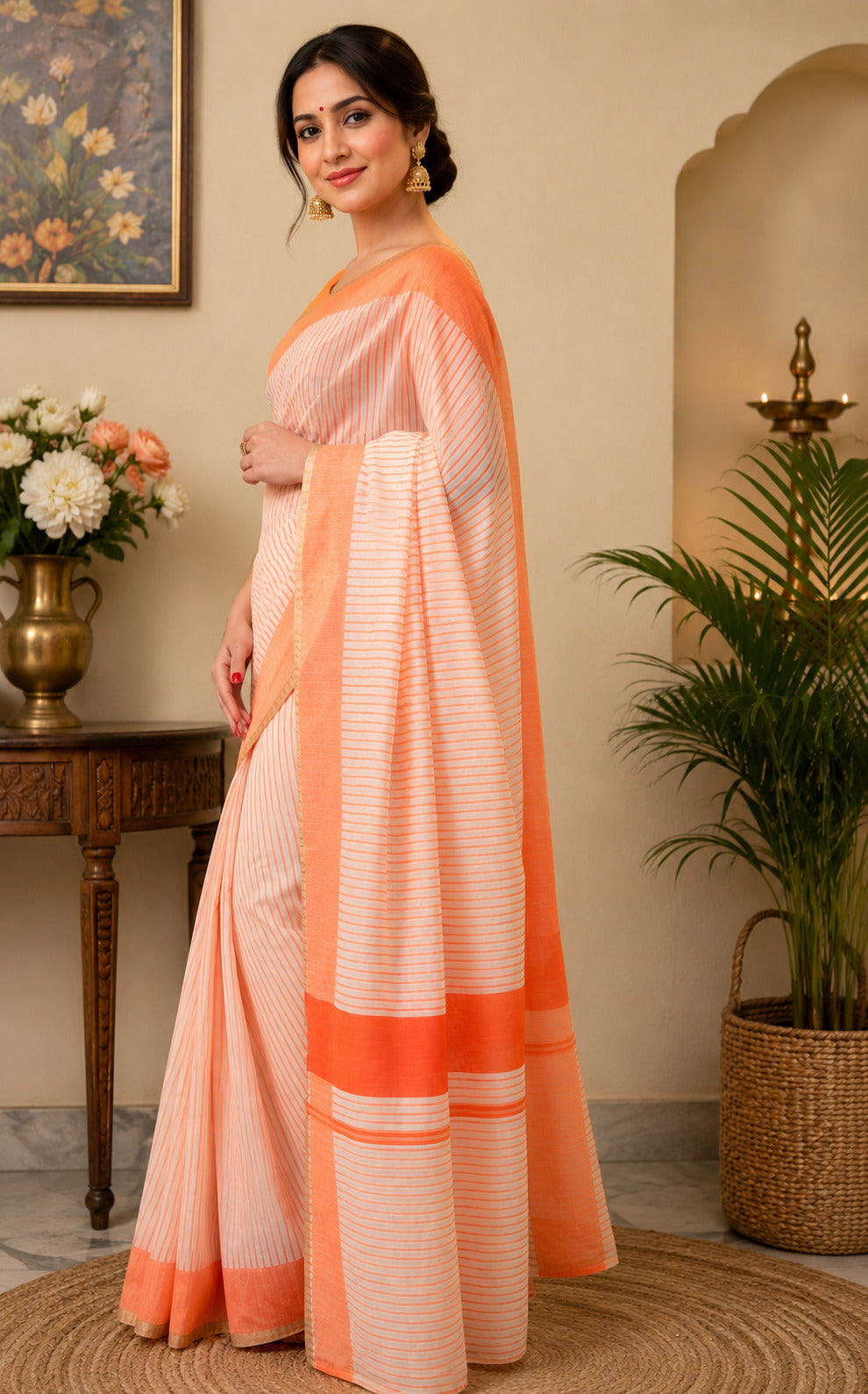 Dwija Fashion Orange Party Wear Printed Linen Ready To Wear Saree With Unstitched Blouse