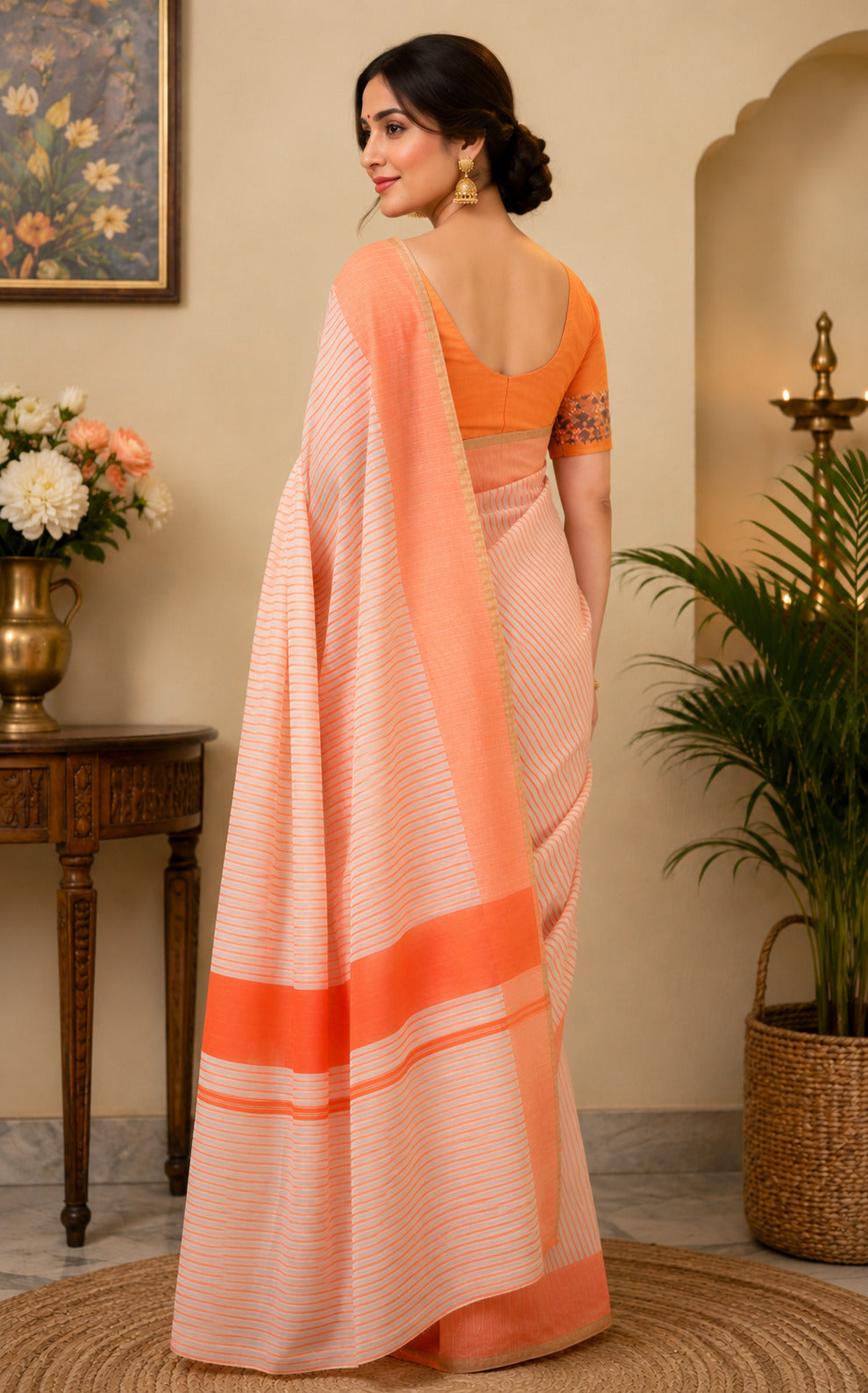 Dwija Fashion Orange Party Wear Printed Linen Ready To Wear Saree With Unstitched Blouse