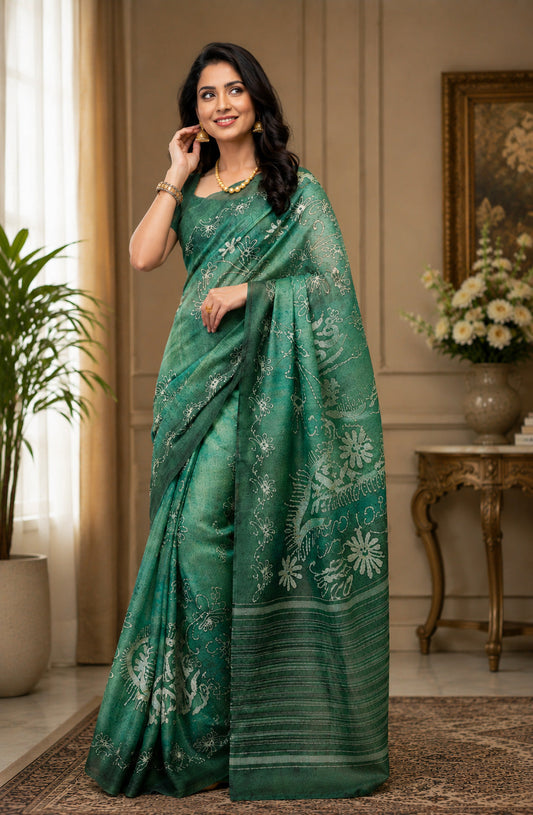 Dwija Fashion Green Party Wear Printed Linen Ready To Wear Saree With Unstitched Blouse
