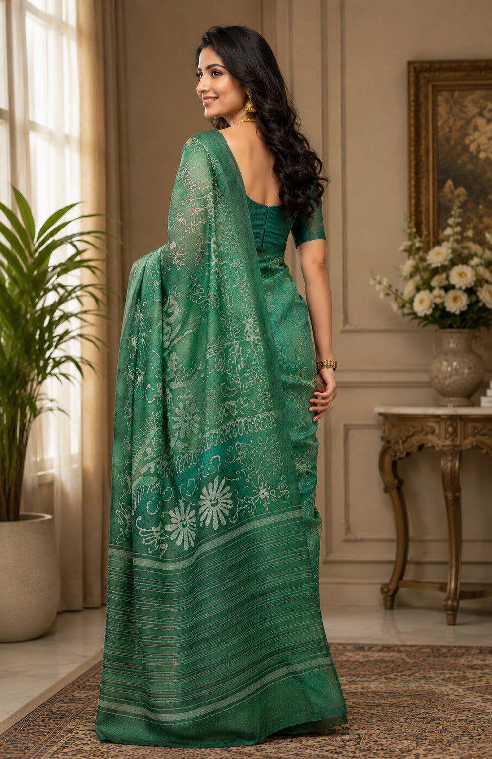 Dwija Fashion Green Party Wear Printed Linen Ready To Wear Saree With Unstitched Blouse