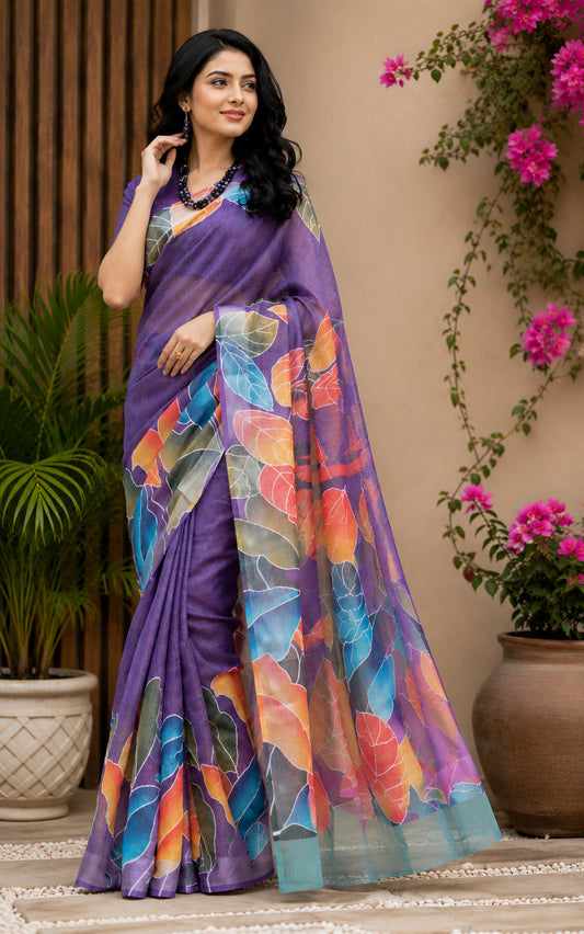 Dwija Fashion Purple Party Wear Printed Linen Ready To Wear Saree With Unstitched Blouse