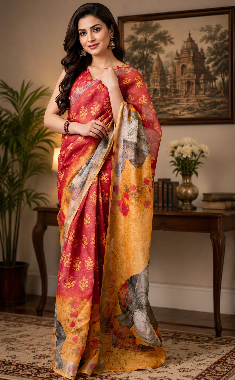 Dwija Fashion Red Party Wear Printed Linen Ready To Wear Saree With Unstitched Blouse
