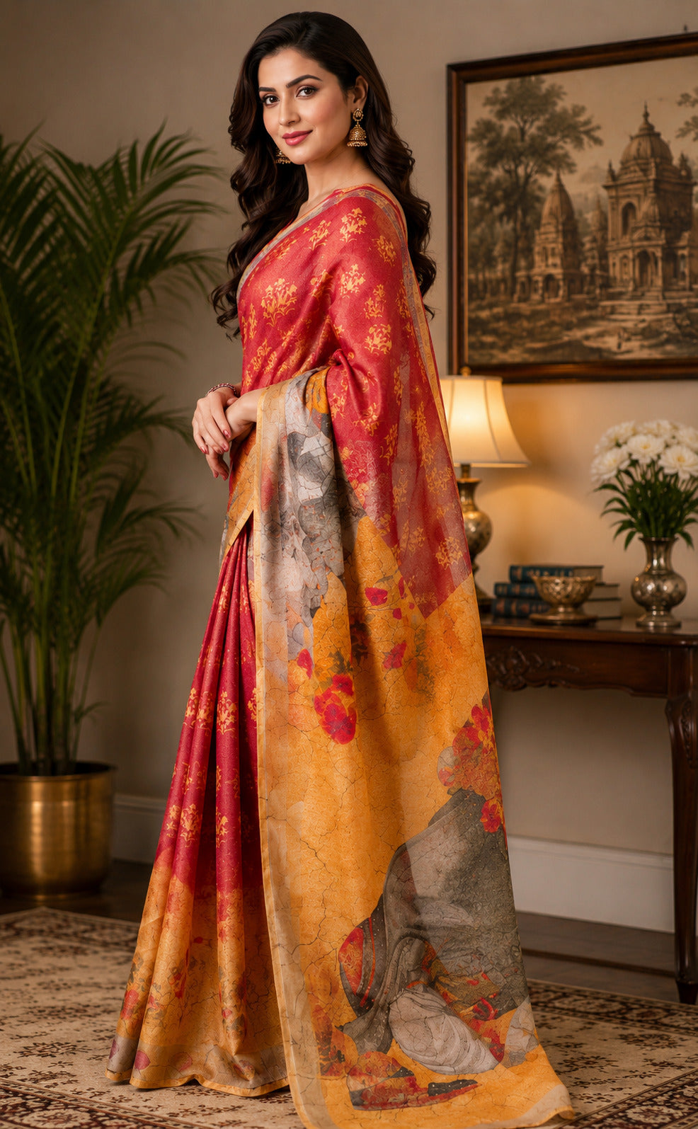 Dwija Fashion Red Party Wear Printed Linen Ready To Wear Saree With Unstitched Blouse
