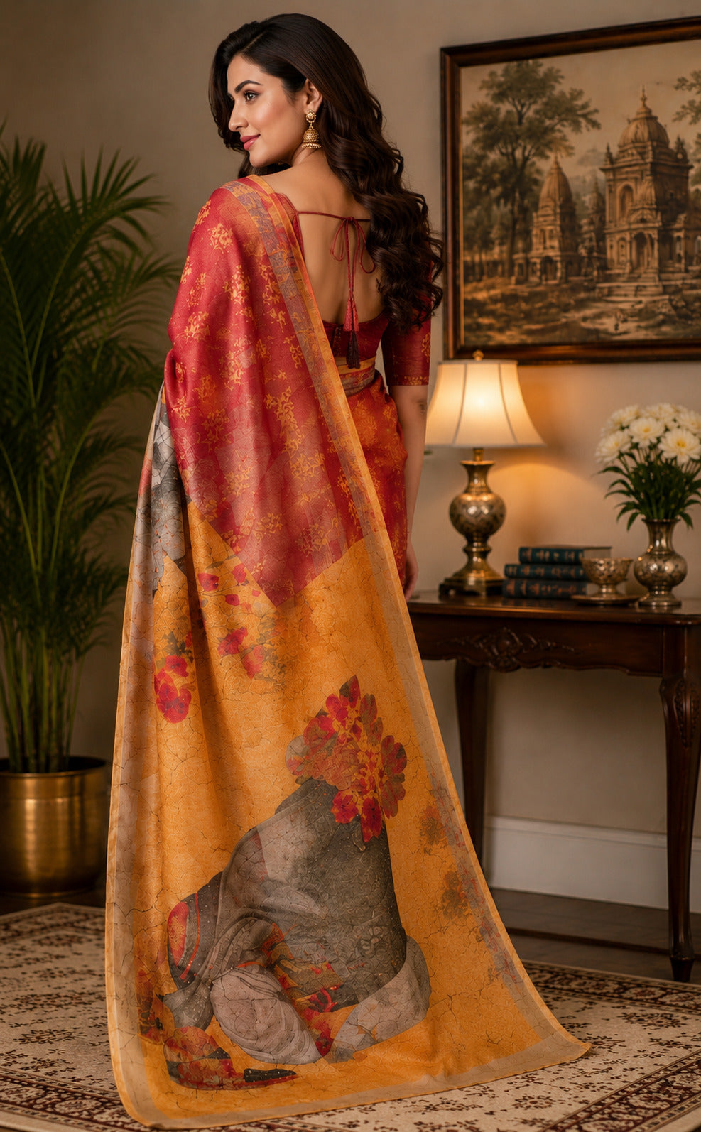 Dwija Fashion Red Party Wear Printed Linen Ready To Wear Saree With Unstitched Blouse