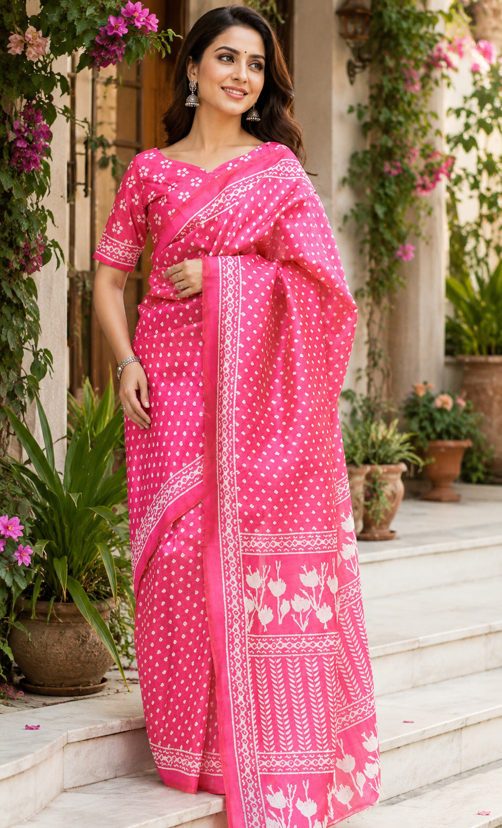 Dwija Fashion Pink Party Wear Printed Linen Ready To Wear Saree With Unstitched Blouse
