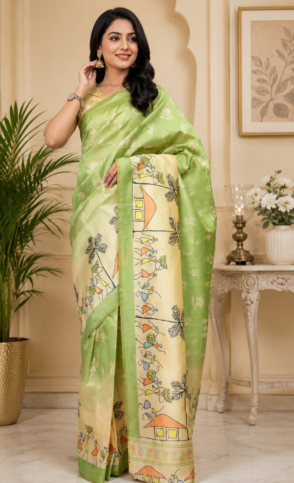 Dwija Fashion Mint Green Party Wear Printed Linen Ready To Wear Saree With Unstitched Blouse