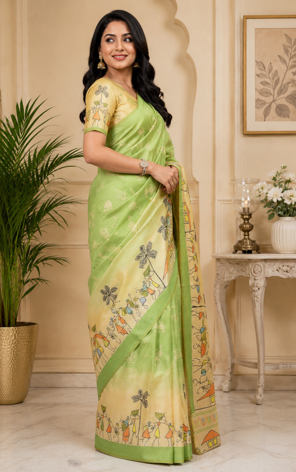 Dwija Fashion Mint Green Party Wear Printed Linen Ready To Wear Saree With Unstitched Blouse