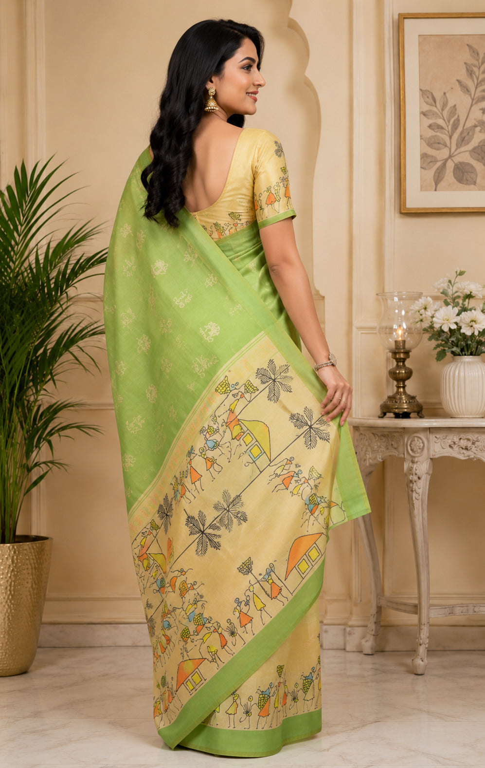 Dwija Fashion Mint Green Party Wear Printed Linen Ready To Wear Saree With Unstitched Blouse