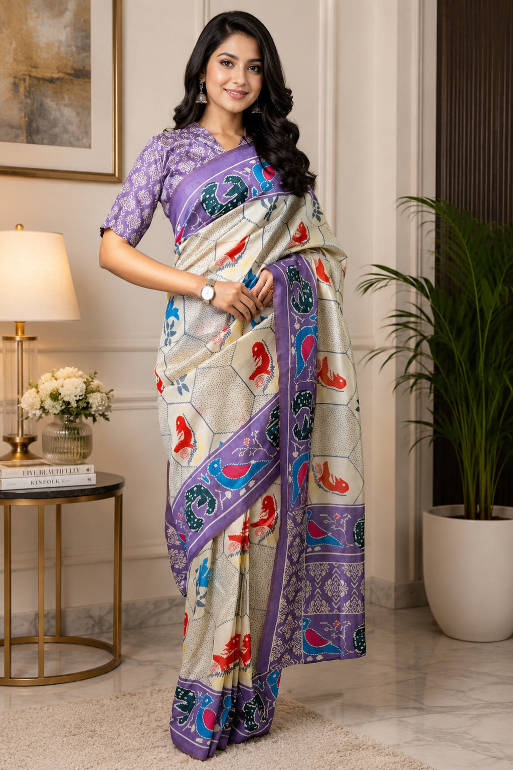 Dwija Fashion Off - White Party Wear Printed Linen Ready To Wear Saree With Unstitched Blouse