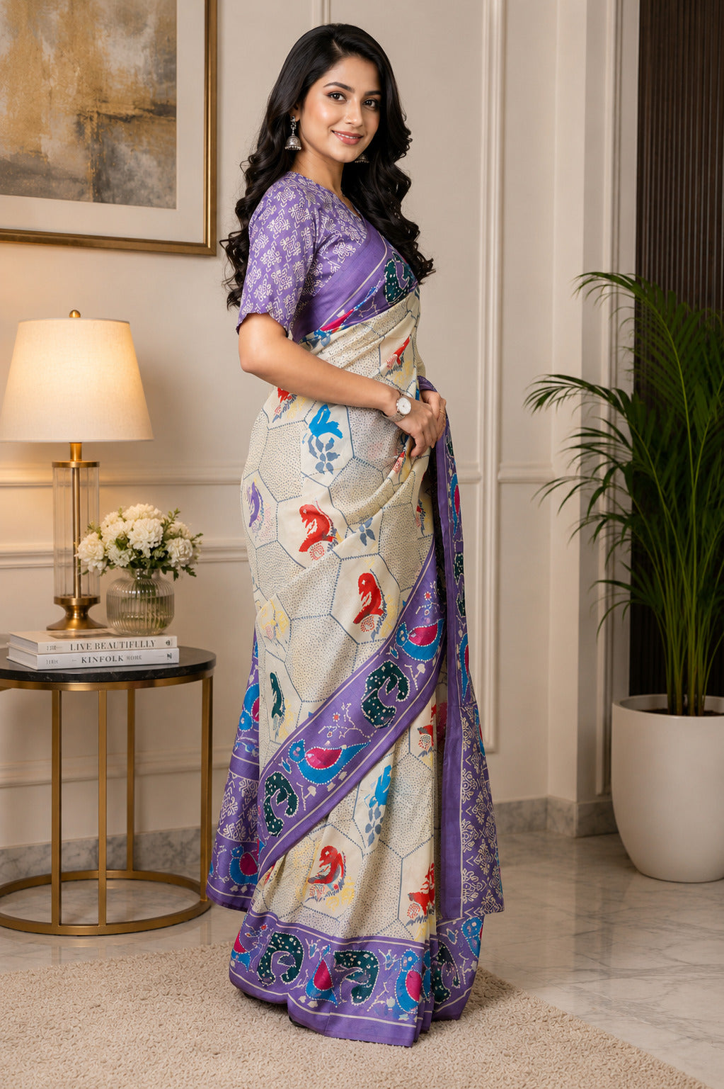 Dwija Fashion Off - White Party Wear Printed Linen Ready To Wear Saree With Unstitched Blouse
