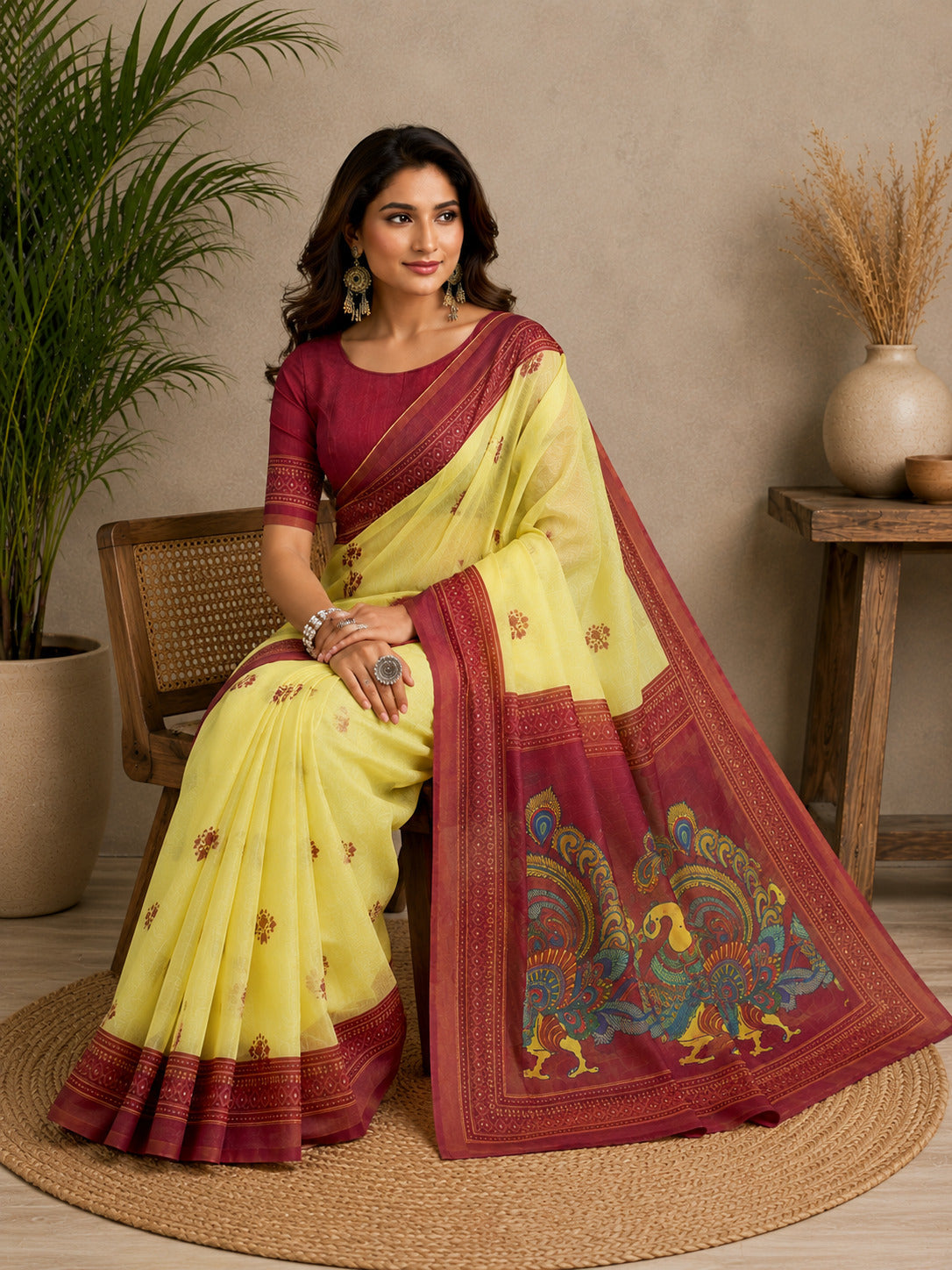 Dwija Fashion Yellow Party Wear Printed Linen Ready To Wear Saree With Unstitched Blouse