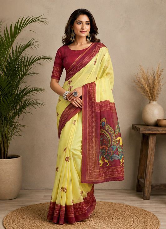 Dwija Fashion Yellow Party Wear Printed Linen Ready To Wear Saree With Unstitched Blouse