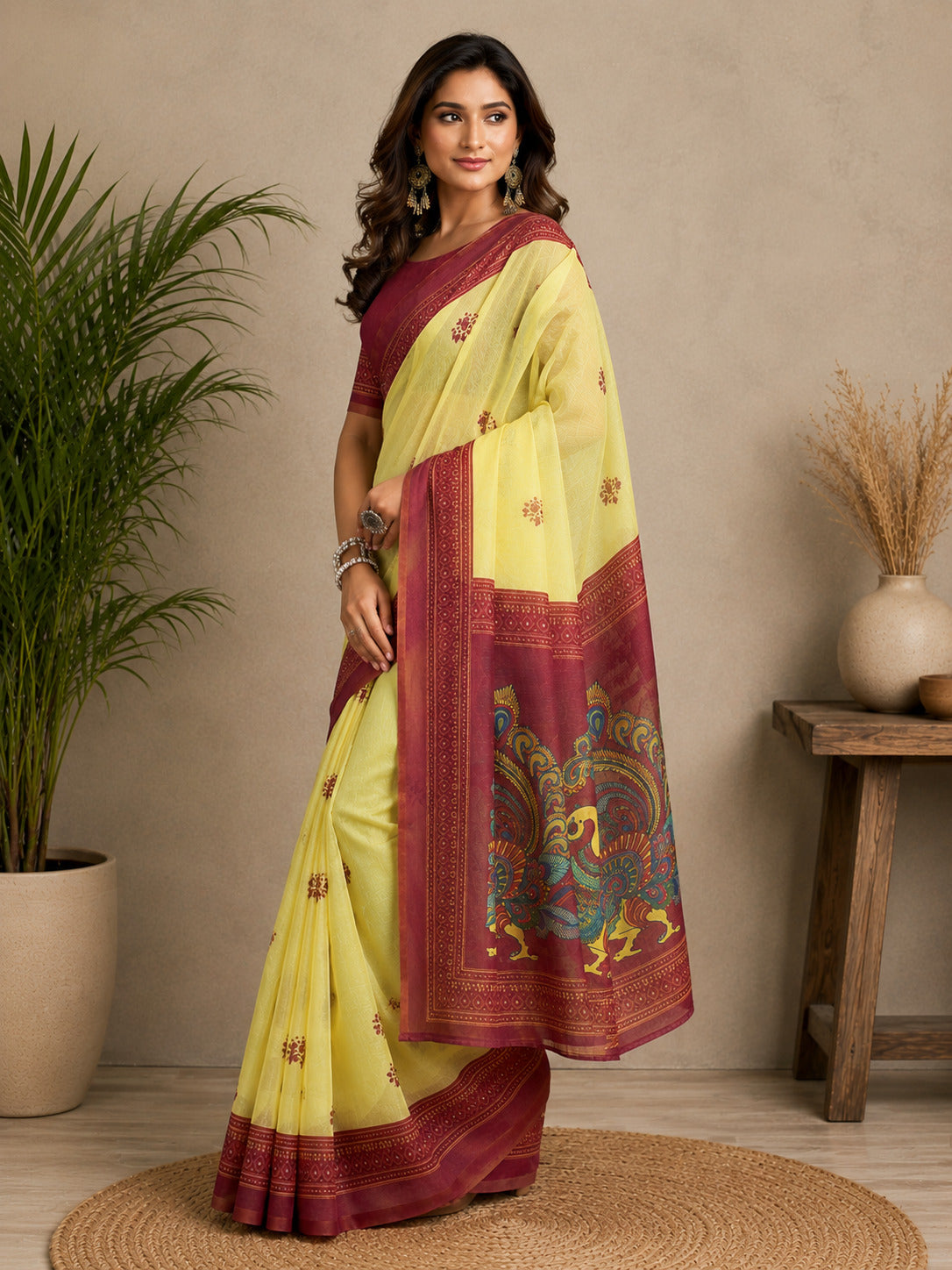 Dwija Fashion Yellow Party Wear Printed Linen Ready To Wear Saree With Unstitched Blouse
