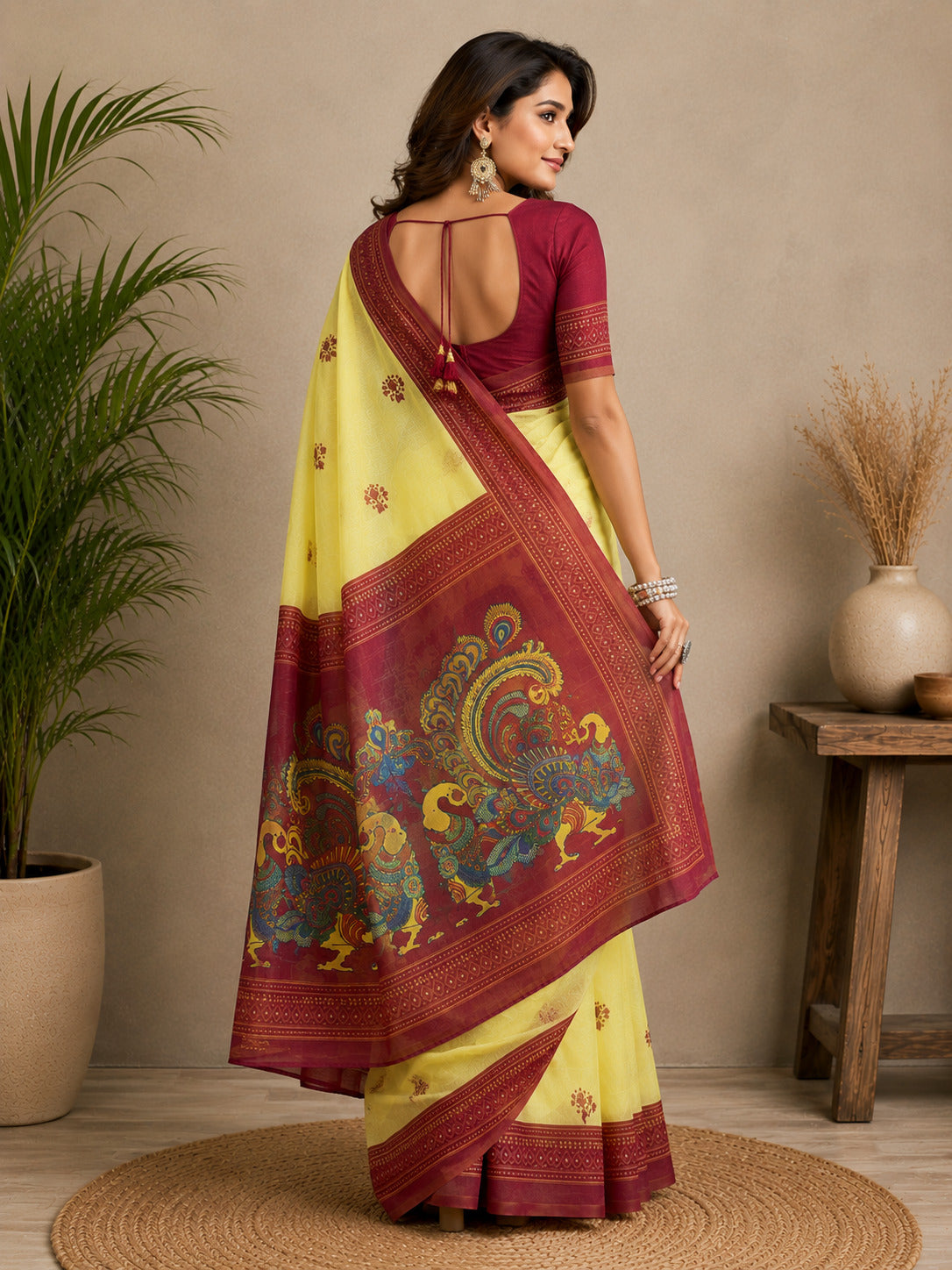 Dwija Fashion Yellow Party Wear Printed Linen Ready To Wear Saree With Unstitched Blouse