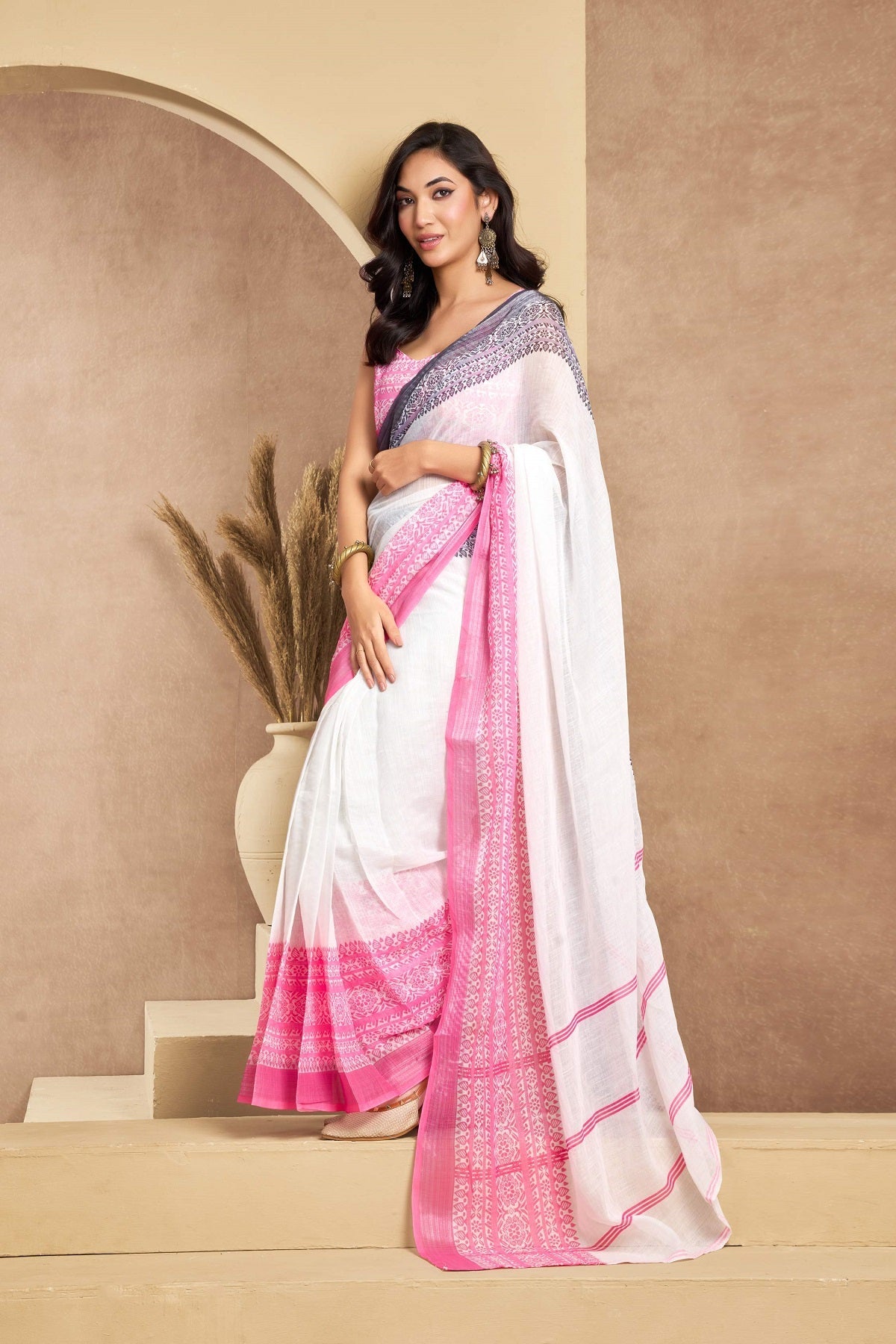 Dwija Fashion White Party Wear Printed Linen Ready To Wear Saree With Unstitched Blouse