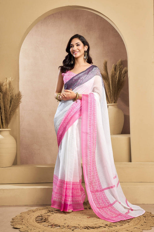Dwija Fashion White Party Wear Printed Linen Ready To Wear Saree With Unstitched Blouse