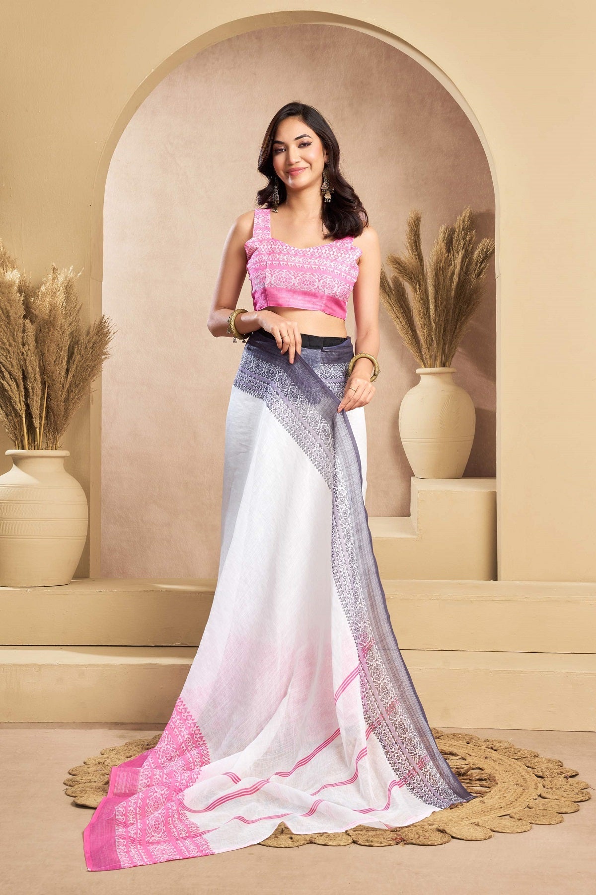 Dwija Fashion White Party Wear Printed Linen Ready To Wear Saree With Unstitched Blouse