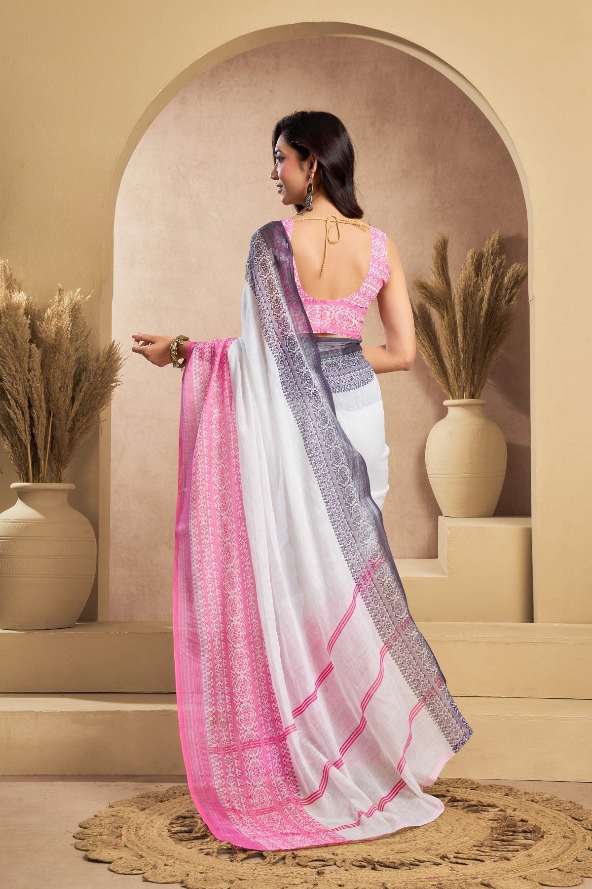 Dwija Fashion White Party Wear Printed Linen Ready To Wear Saree With Unstitched Blouse