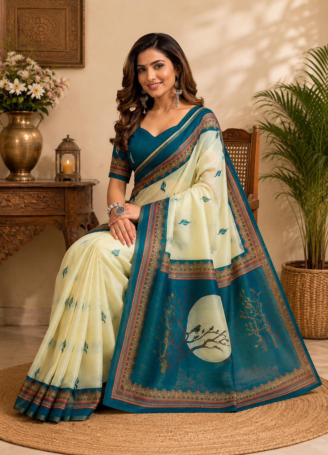 Dwija Fashion Off - White Party Wear Printed Linen Ready To Wear Saree With Unstitched Blouse