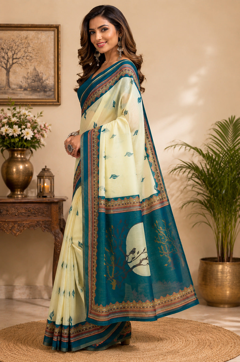 Dwija Fashion Off - White Party Wear Printed Linen Ready To Wear Saree With Unstitched Blouse