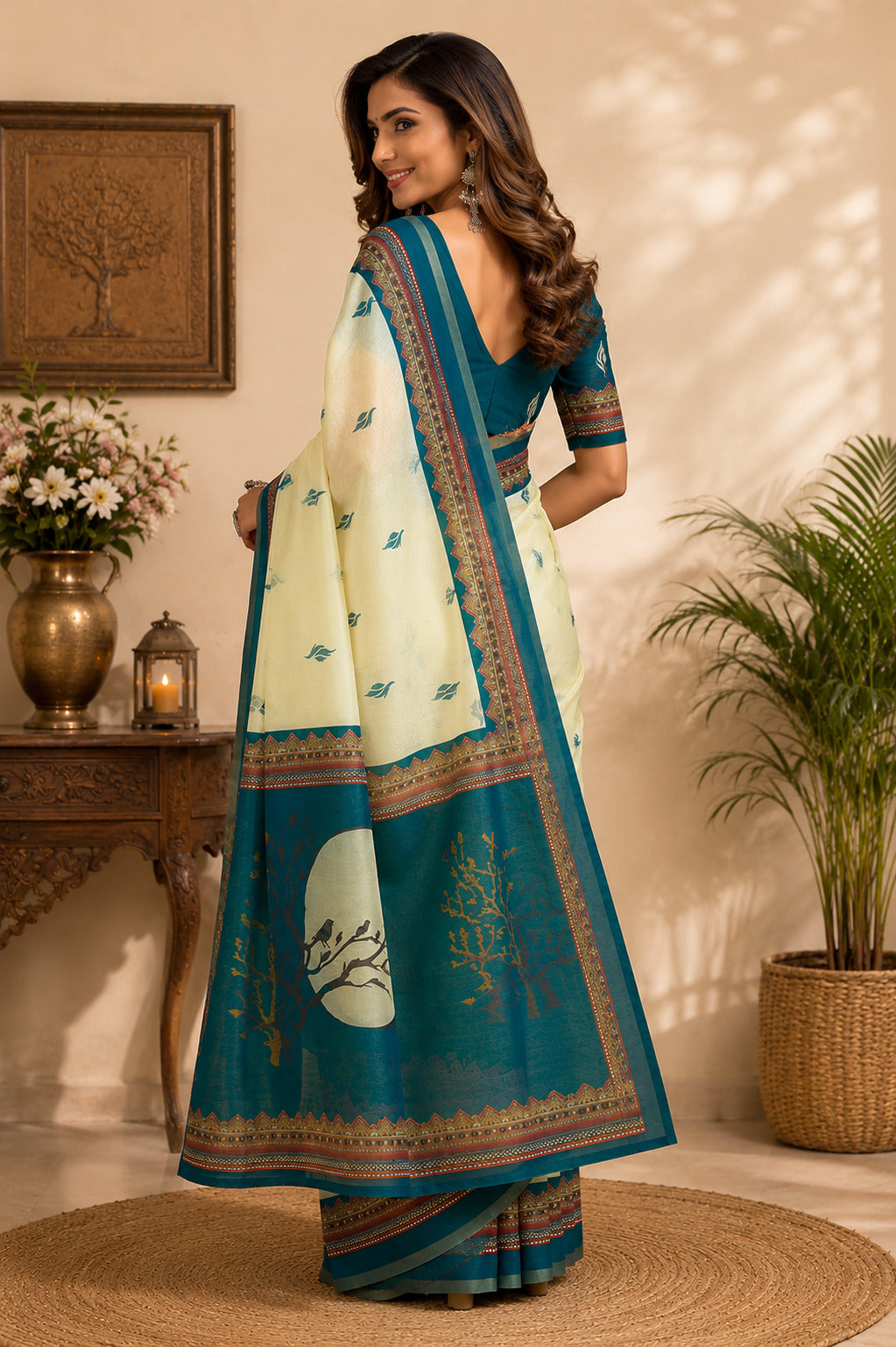 Dwija Fashion Off - White Party Wear Printed Linen Ready To Wear Saree With Unstitched Blouse