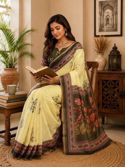 Dwija Fashion Lemon Yellow Party Wear Printed Linen Ready To Wear Saree With Unstitched Blouse