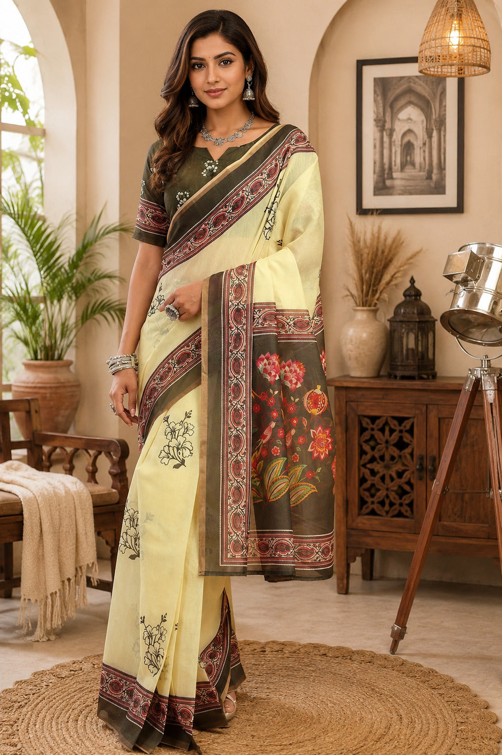 Dwija Fashion Lemon Yellow Party Wear Printed Linen Ready To Wear Saree With Unstitched Blouse