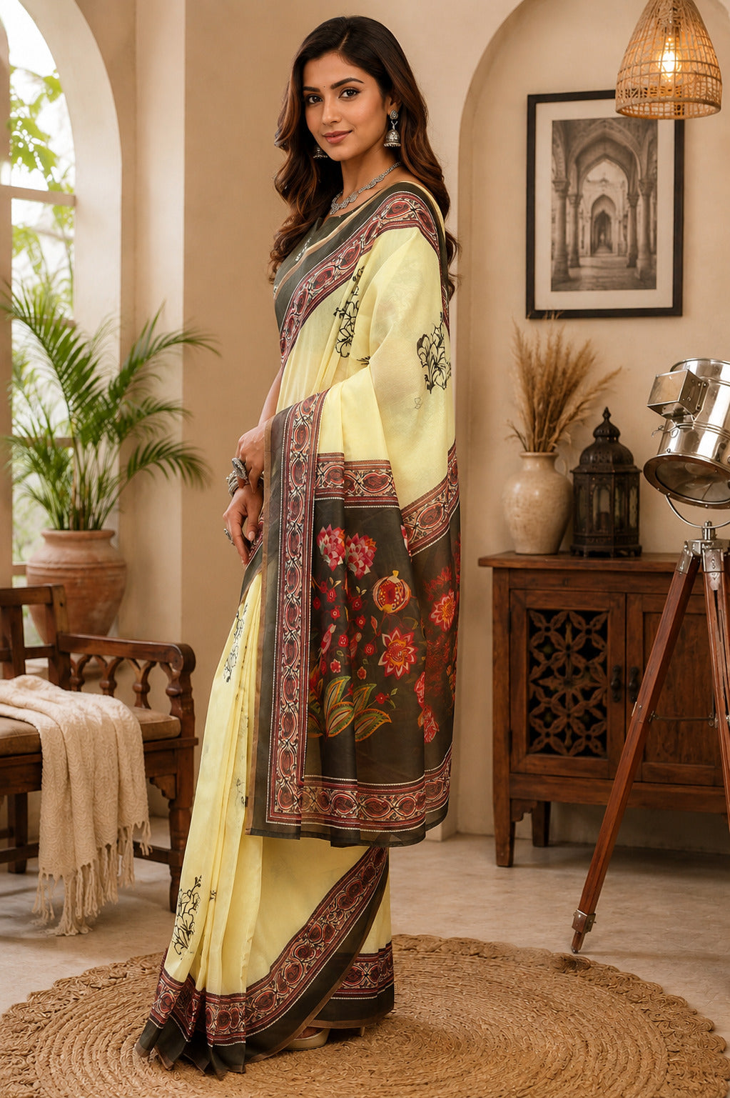 Dwija Fashion Lemon Yellow Party Wear Printed Linen Ready To Wear Saree With Unstitched Blouse