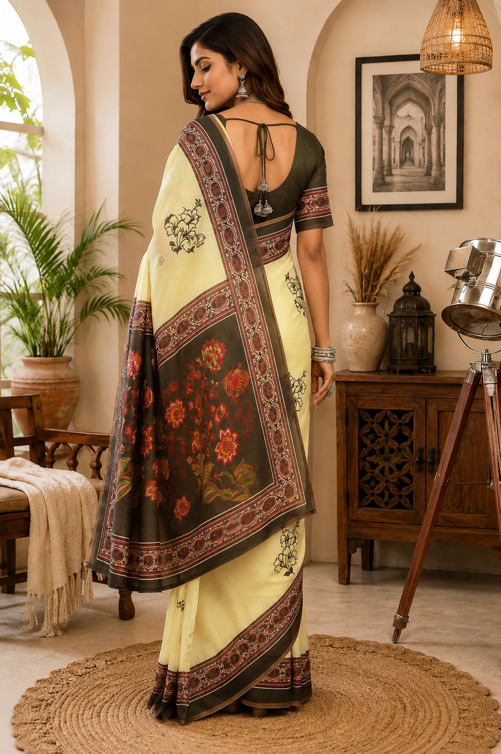 Dwija Fashion Lemon Yellow Party Wear Printed Linen Ready To Wear Saree With Unstitched Blouse