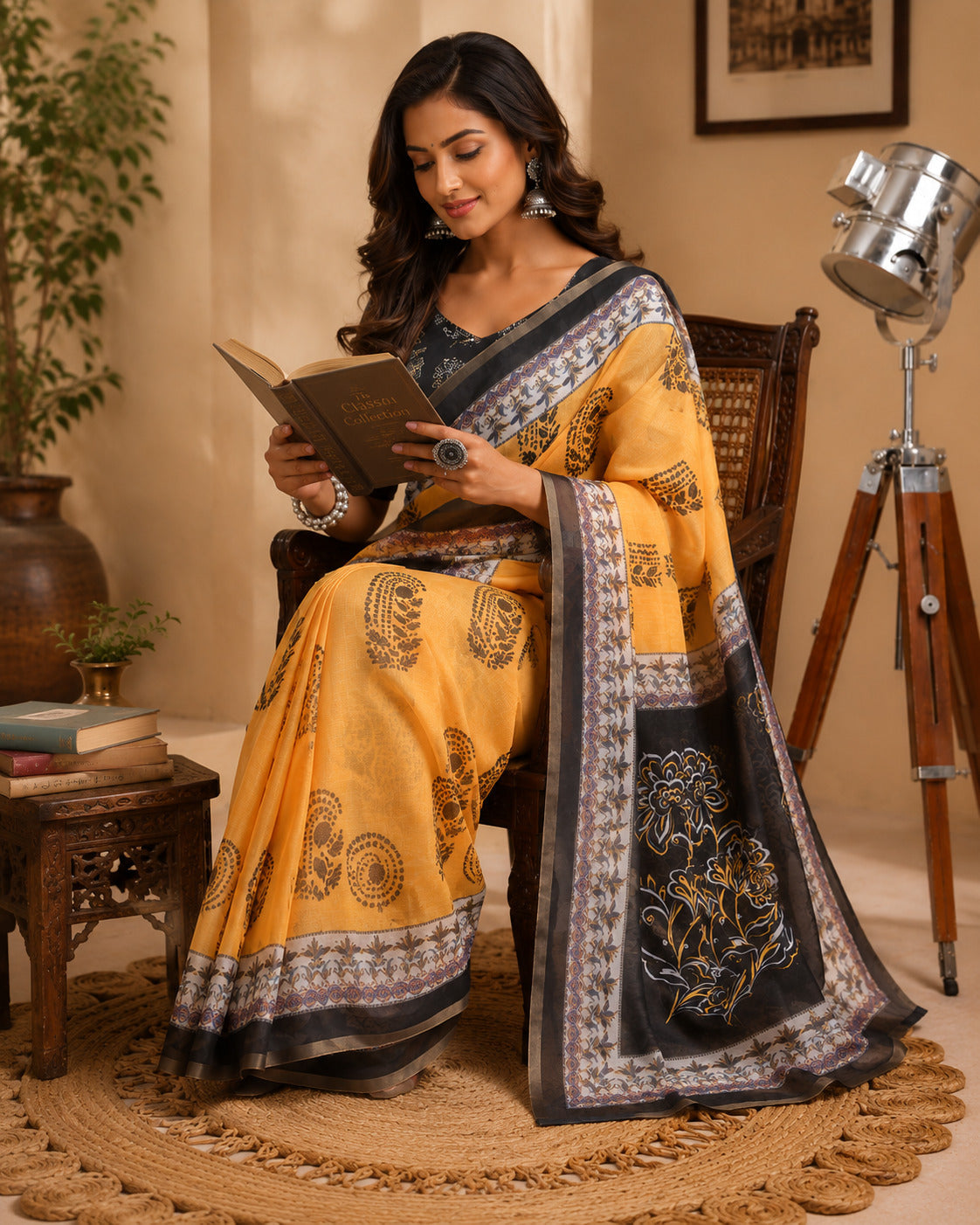 Dwija Fashion Yellow Party Wear Printed Linen Ready To Wear Saree With Unstitched Blouse