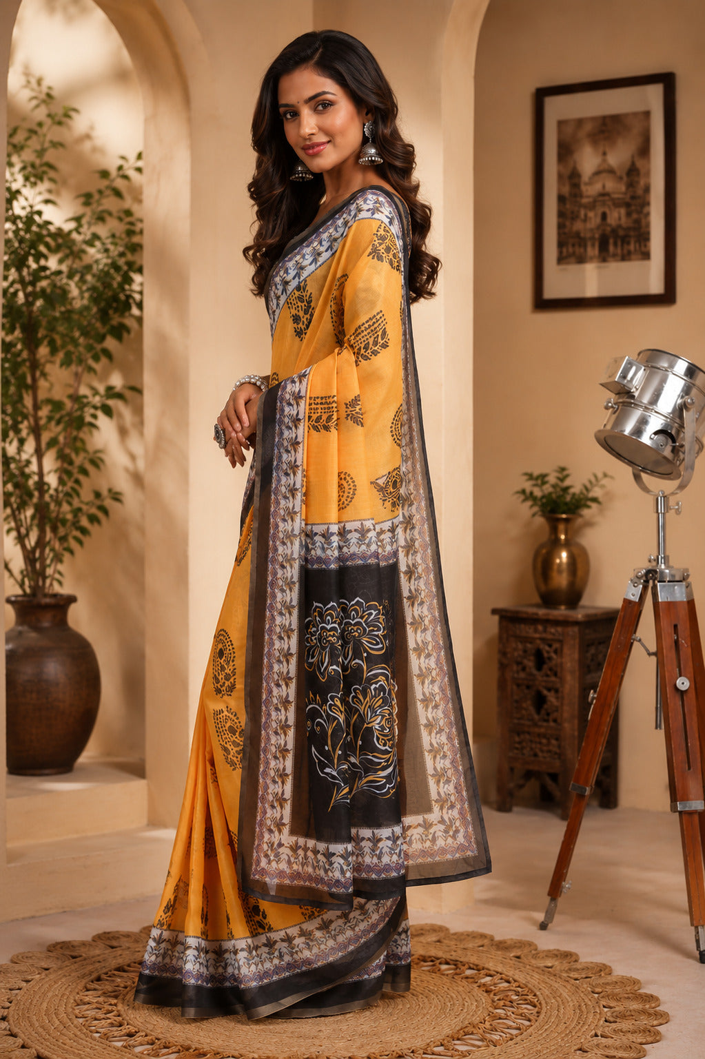Dwija Fashion Yellow Party Wear Printed Linen Ready To Wear Saree With Unstitched Blouse