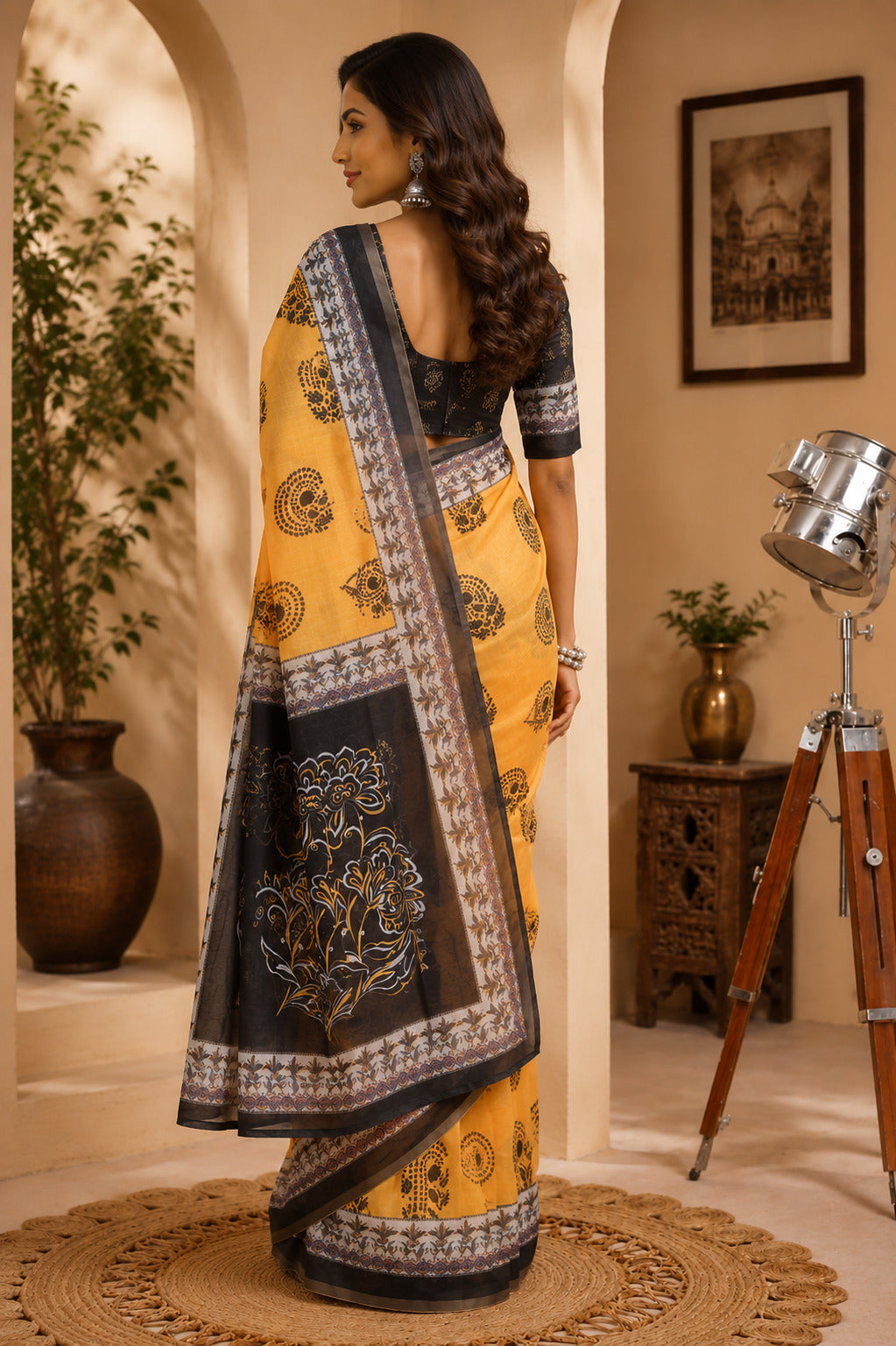Dwija Fashion Yellow Party Wear Printed Linen Ready To Wear Saree With Unstitched Blouse