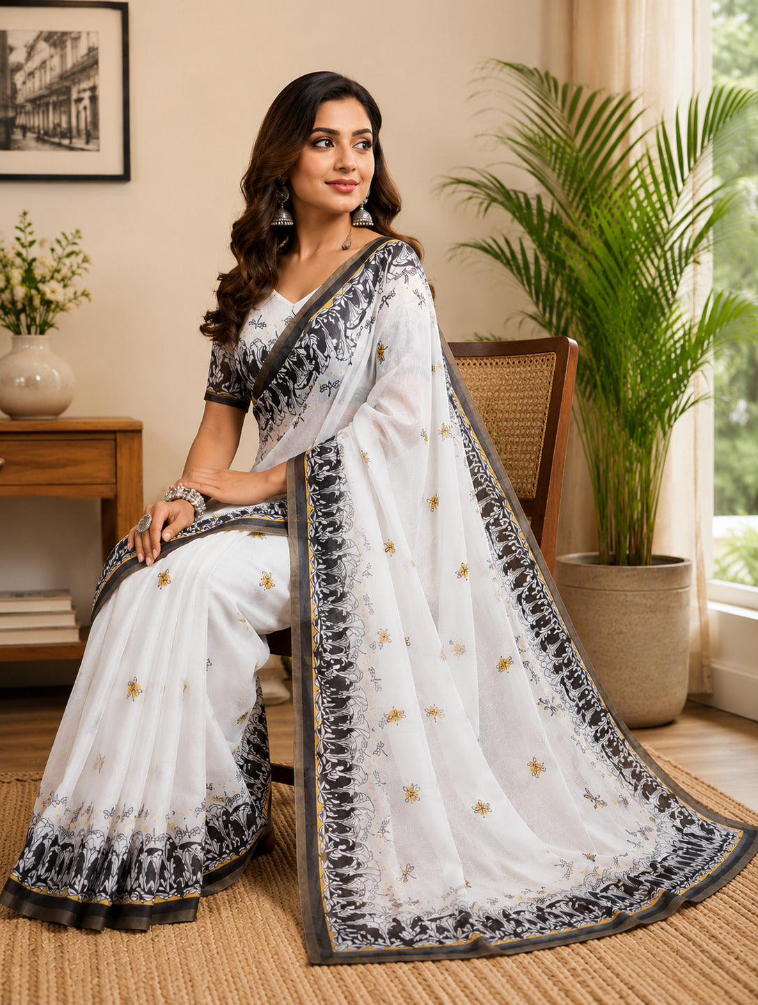 Dwija Fashion White Party Wear Printed Linen Ready To Wear Saree With Unstitched Blouse