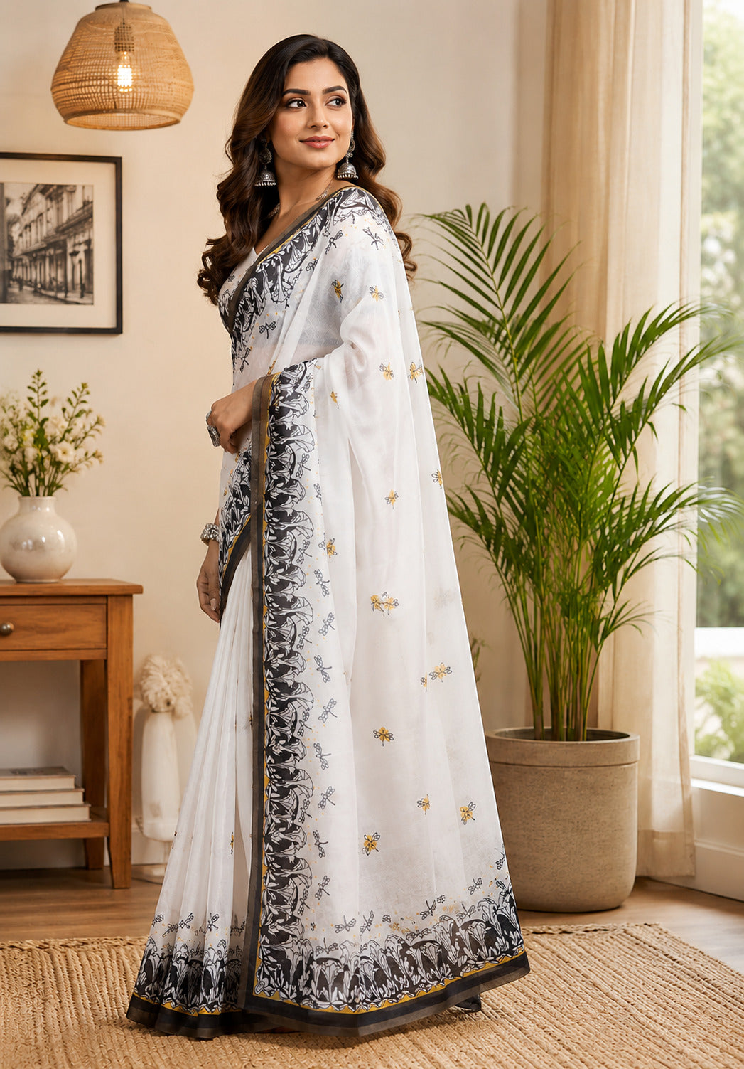 Dwija Fashion White Party Wear Printed Linen Ready To Wear Saree With Unstitched Blouse