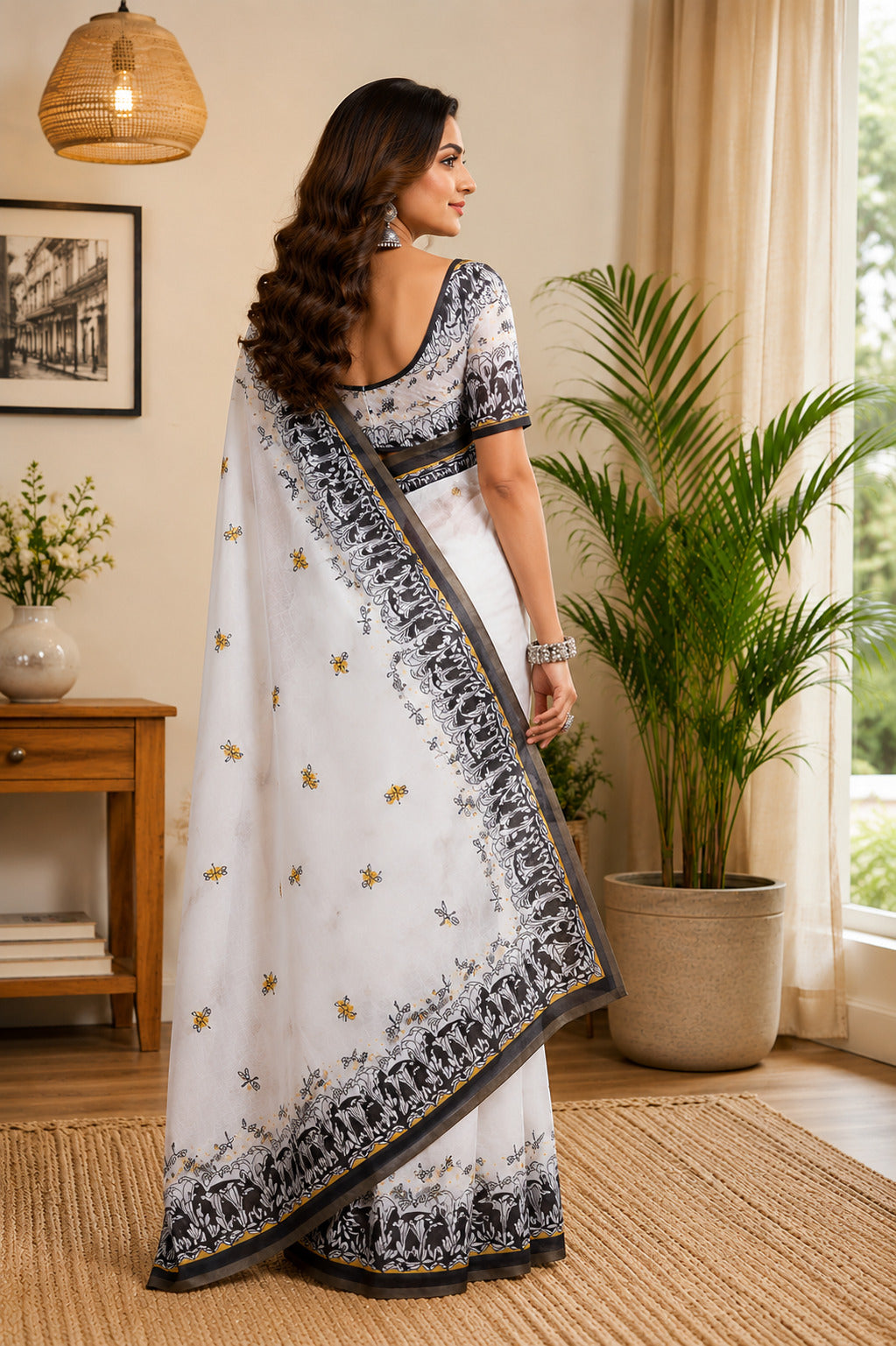 Dwija Fashion White Party Wear Printed Linen Ready To Wear Saree With Unstitched Blouse