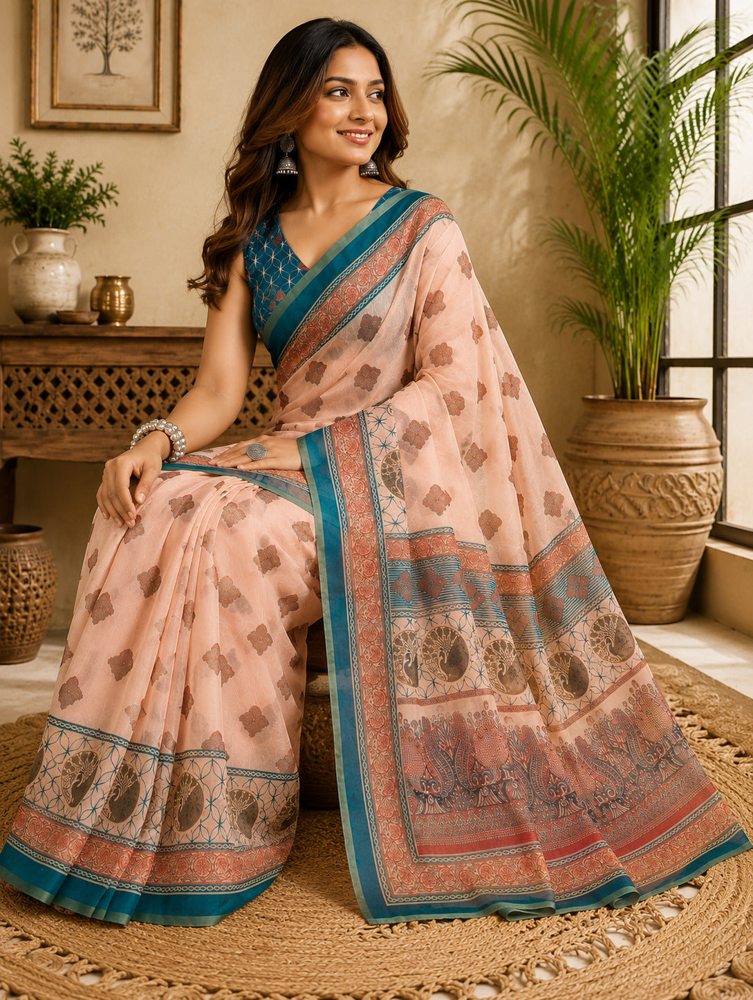 Dwija Fashion Peach Party Wear Printed Linen Ready To Wear Saree With Unstitched Blouse
