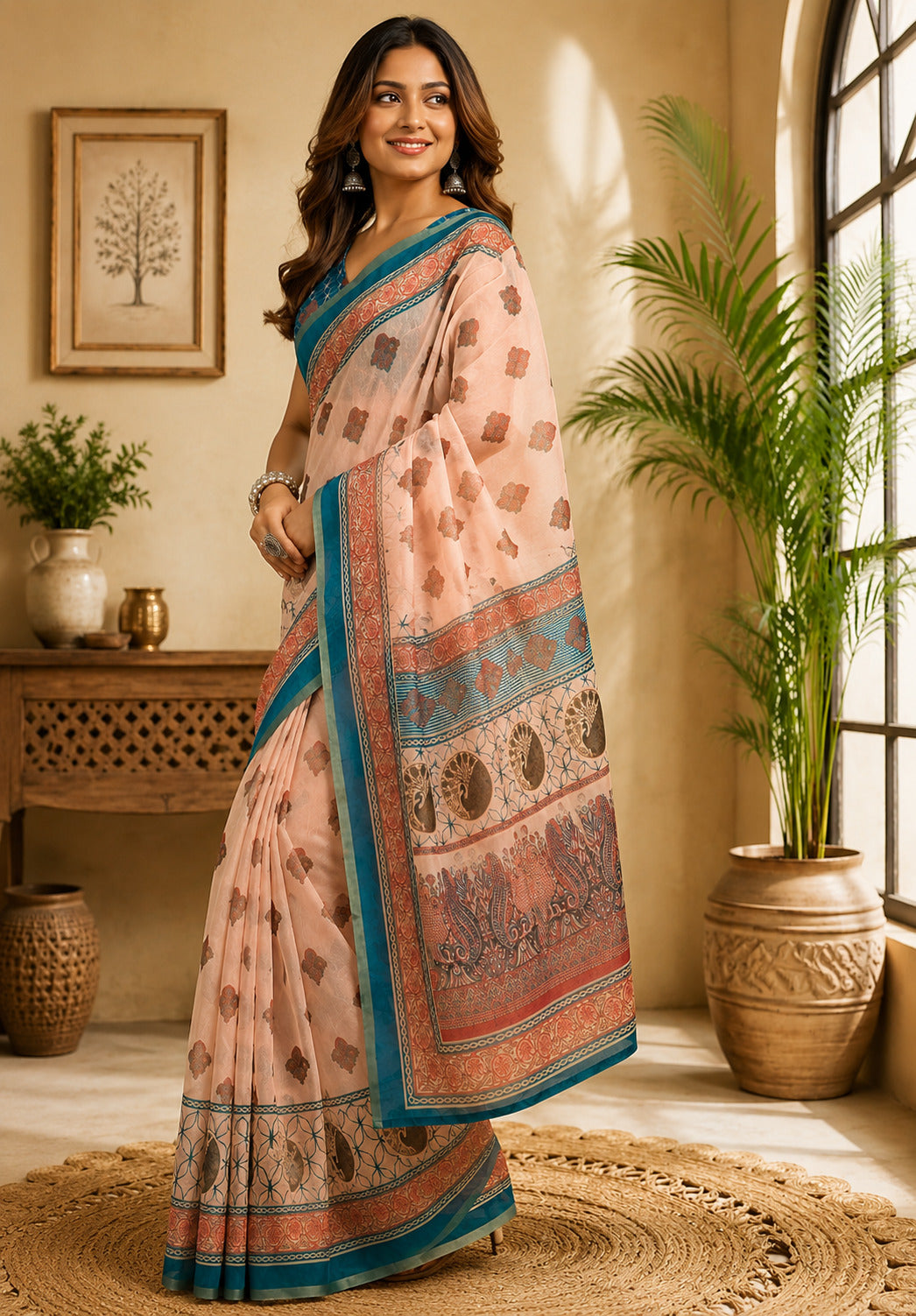 Dwija Fashion Peach Party Wear Printed Linen Ready To Wear Saree With Unstitched Blouse