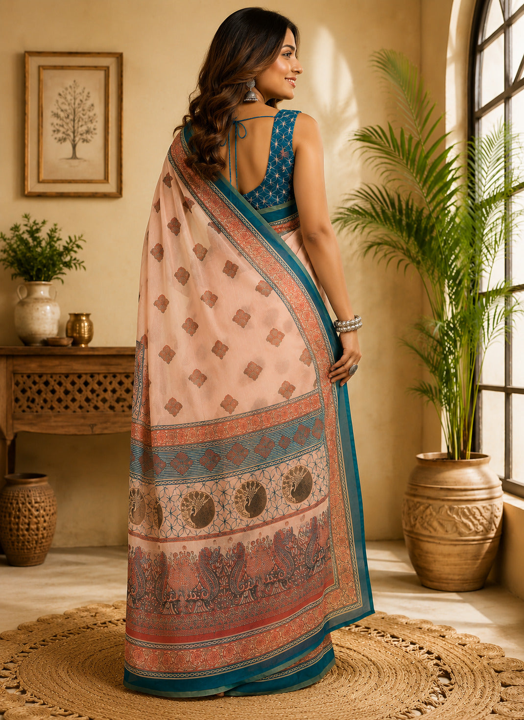 Dwija Fashion Peach Party Wear Printed Linen Ready To Wear Saree With Unstitched Blouse