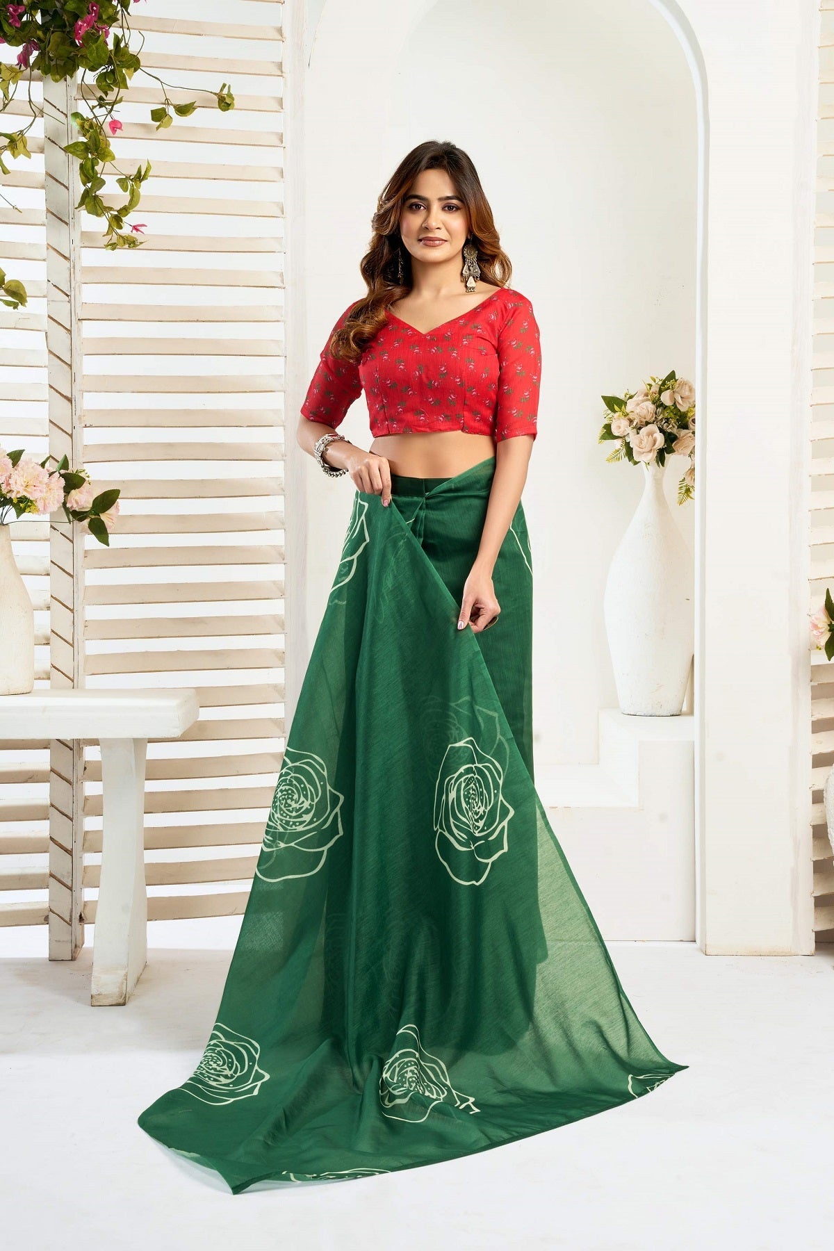 Dwija Fashion Green Party Wear Printed Linen Ready To Wear Saree With Unstitched Blouse