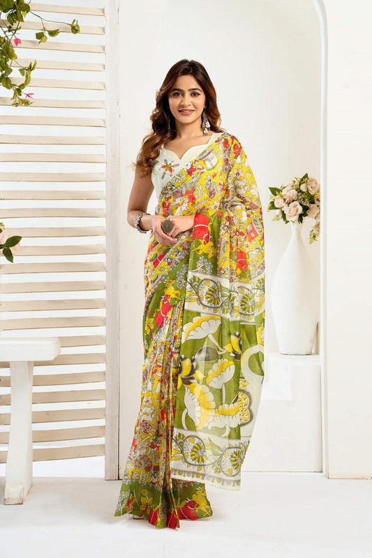 Dwija Fashion Yellow Party Wear Printed Linen Ready To Wear Saree With Unstitched Blouse