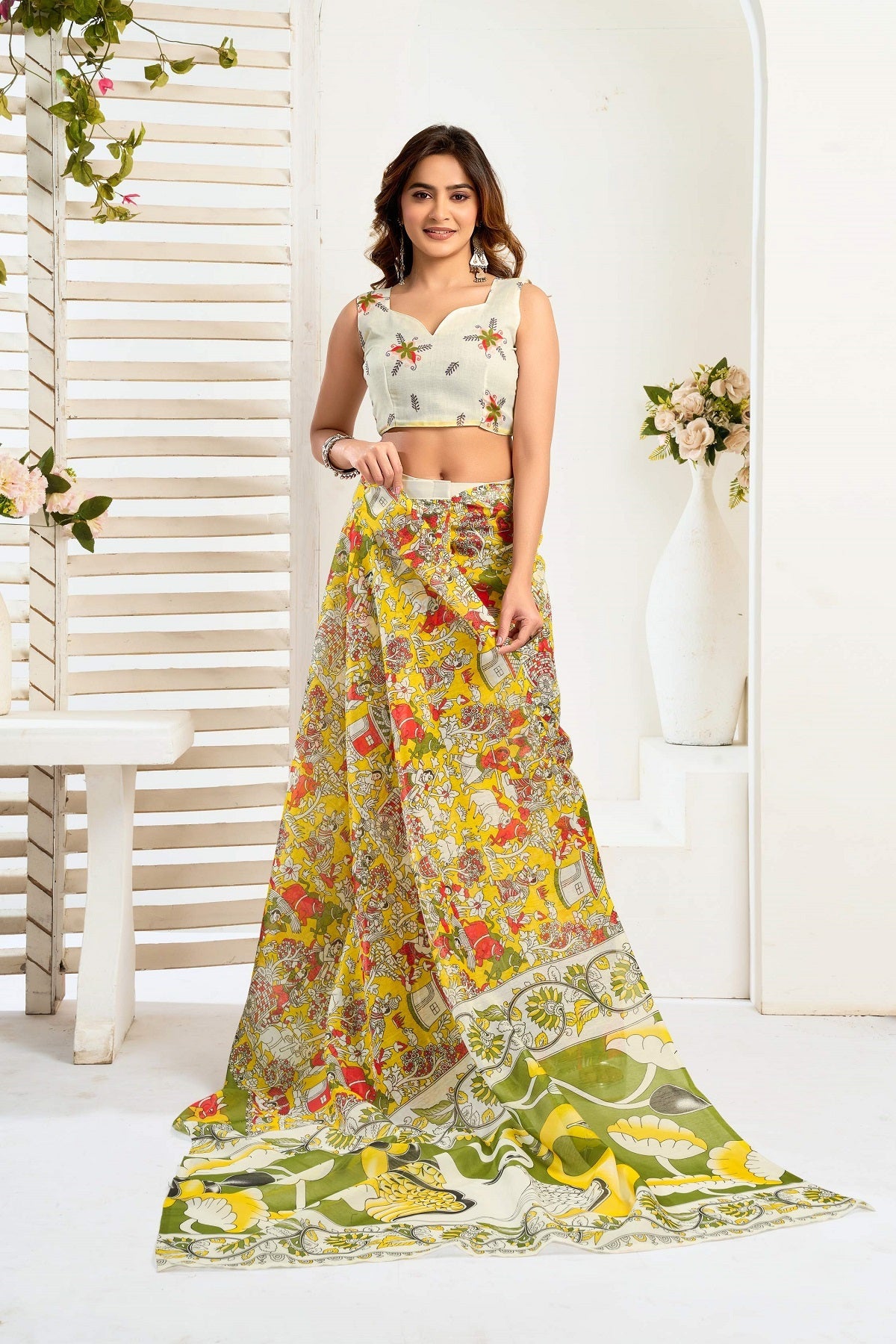 Dwija Fashion Yellow Party Wear Printed Linen Ready To Wear Saree With Unstitched Blouse