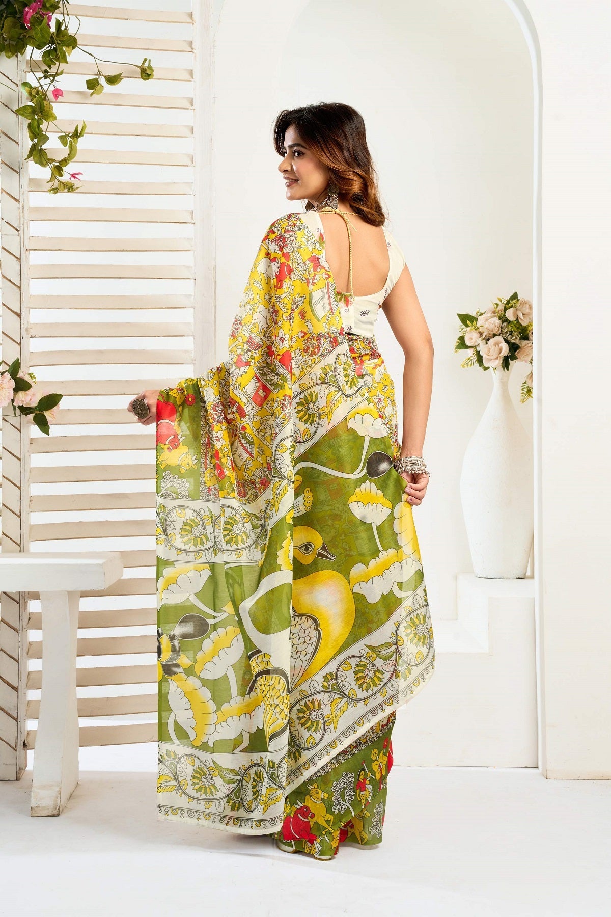 Dwija Fashion Yellow Party Wear Printed Linen Ready To Wear Saree With Unstitched Blouse