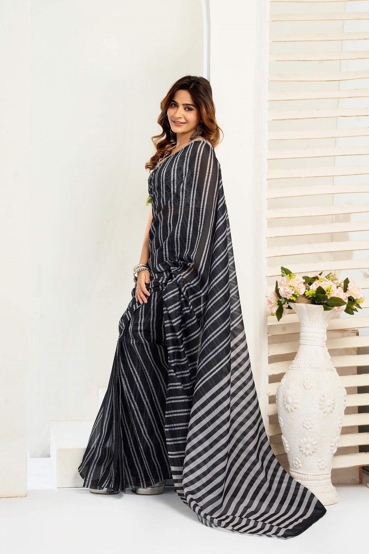 Dwija Fashion Black Party Wear Printed Linen Ready To Wear Saree With Unstitched Blouse
