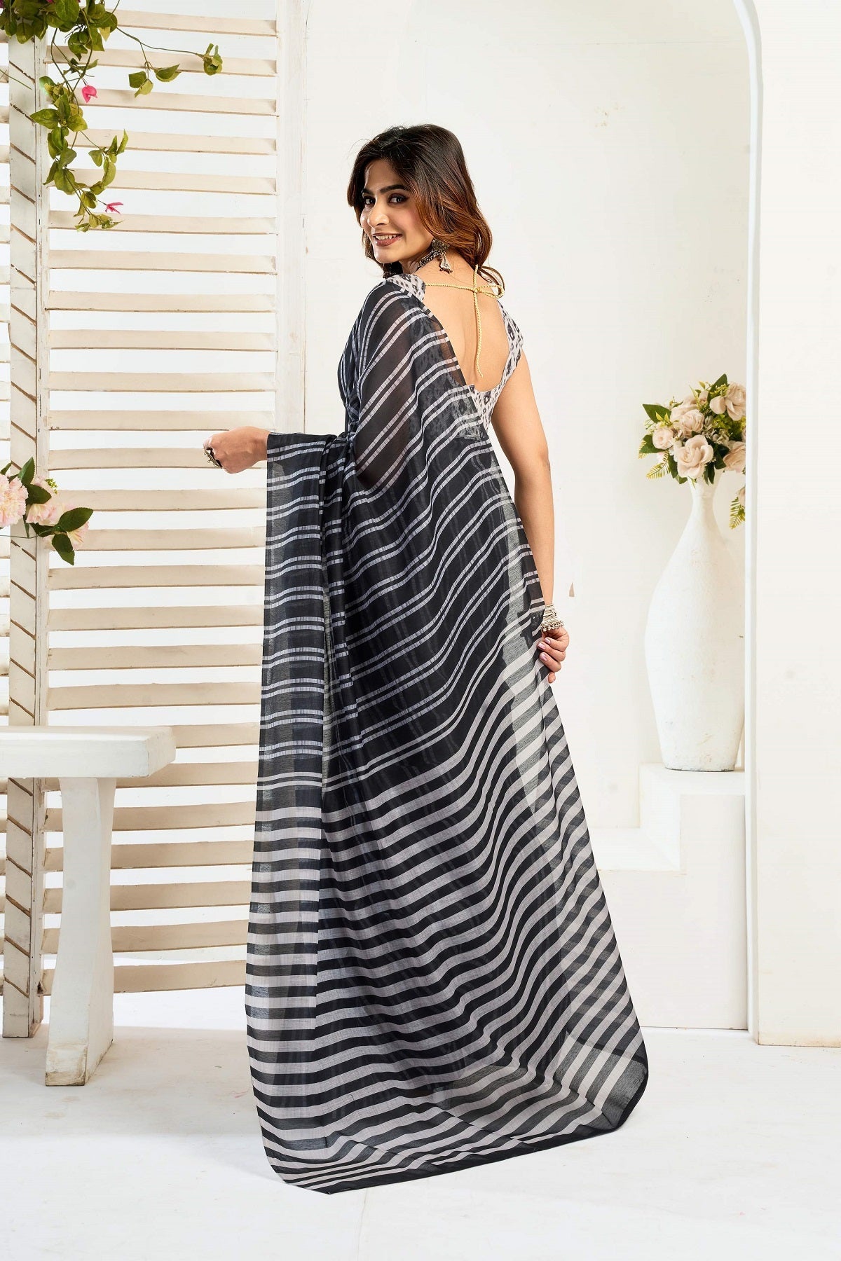Dwija Fashion Black Party Wear Printed Linen Ready To Wear Saree With Unstitched Blouse