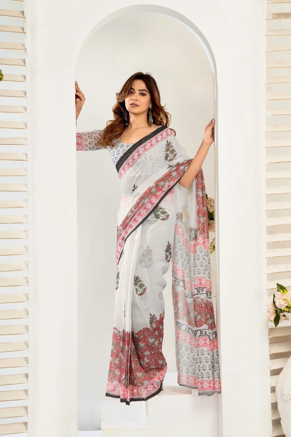 Dwija Fashion White Party Wear Printed Linen Ready To Wear Saree With Unstitched Blouse