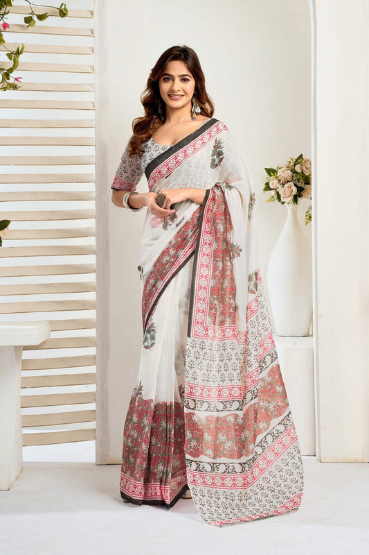 Dwija Fashion White Party Wear Printed Linen Ready To Wear Saree With Unstitched Blouse