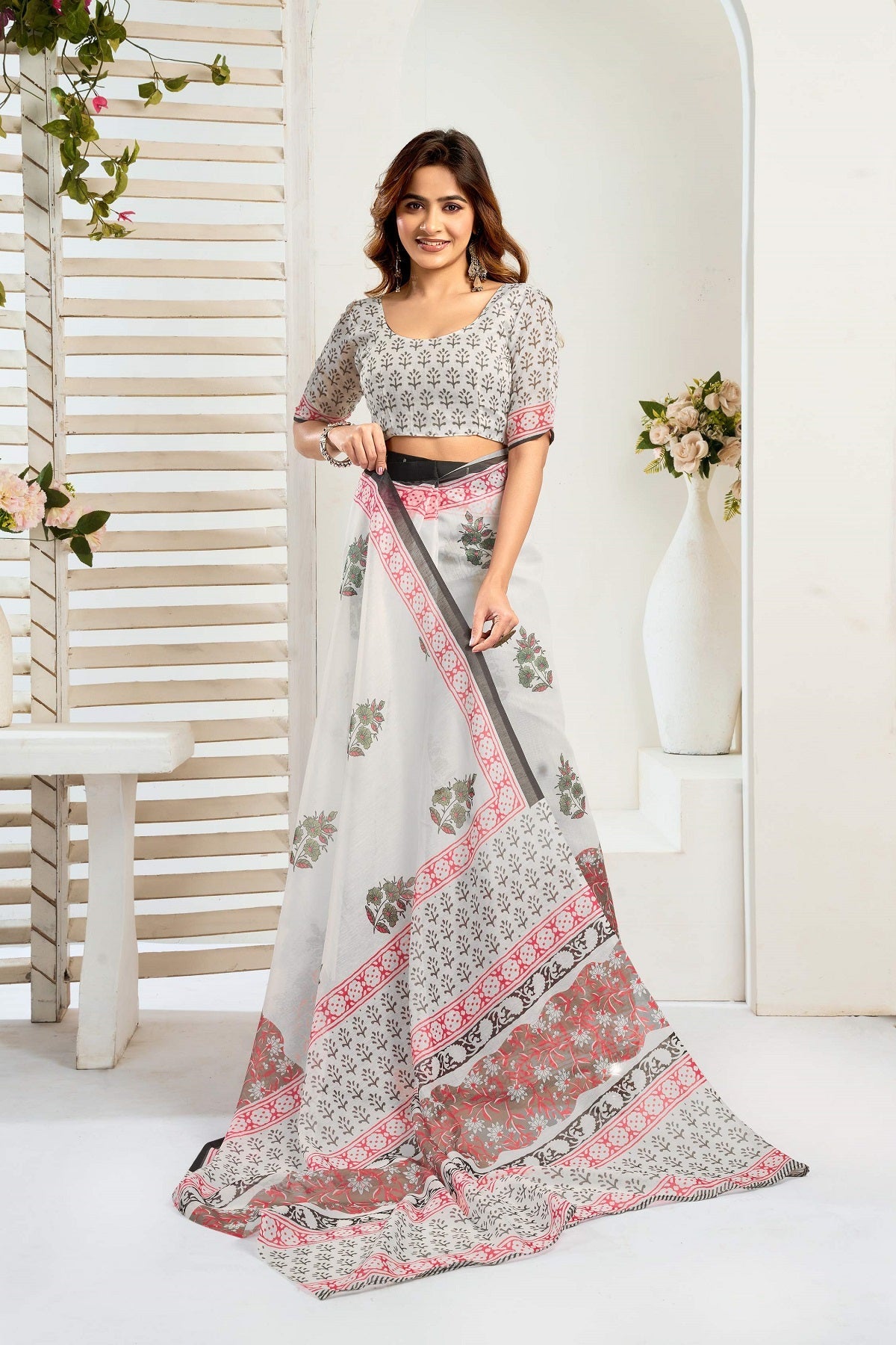 Dwija Fashion White Party Wear Printed Linen Ready To Wear Saree With Unstitched Blouse